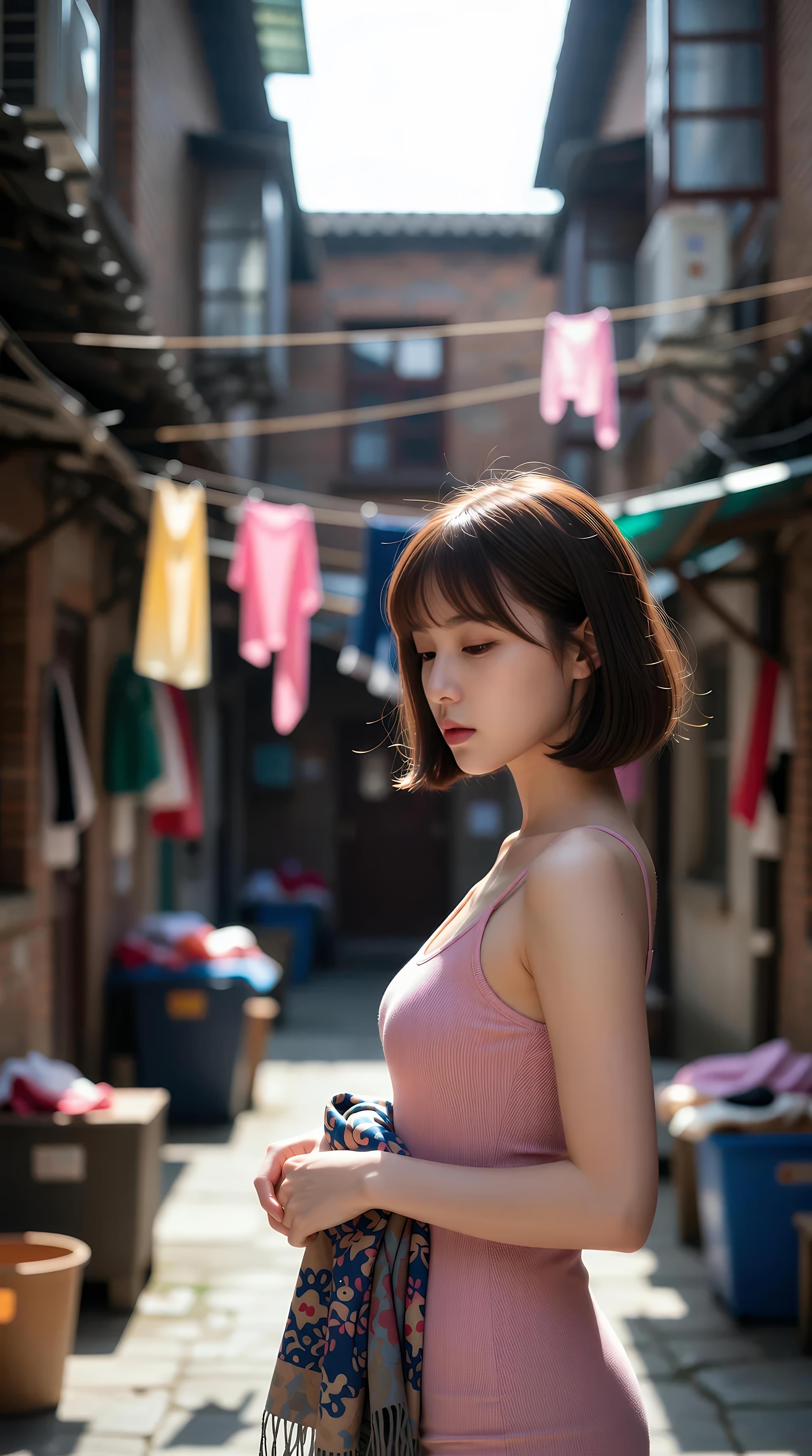 [AI Beauty] Xiao Qiao Bu Qiao - Pink Short Skirt Alley: Outdoor Sunny Pure Aesthetic Long Legs 97P