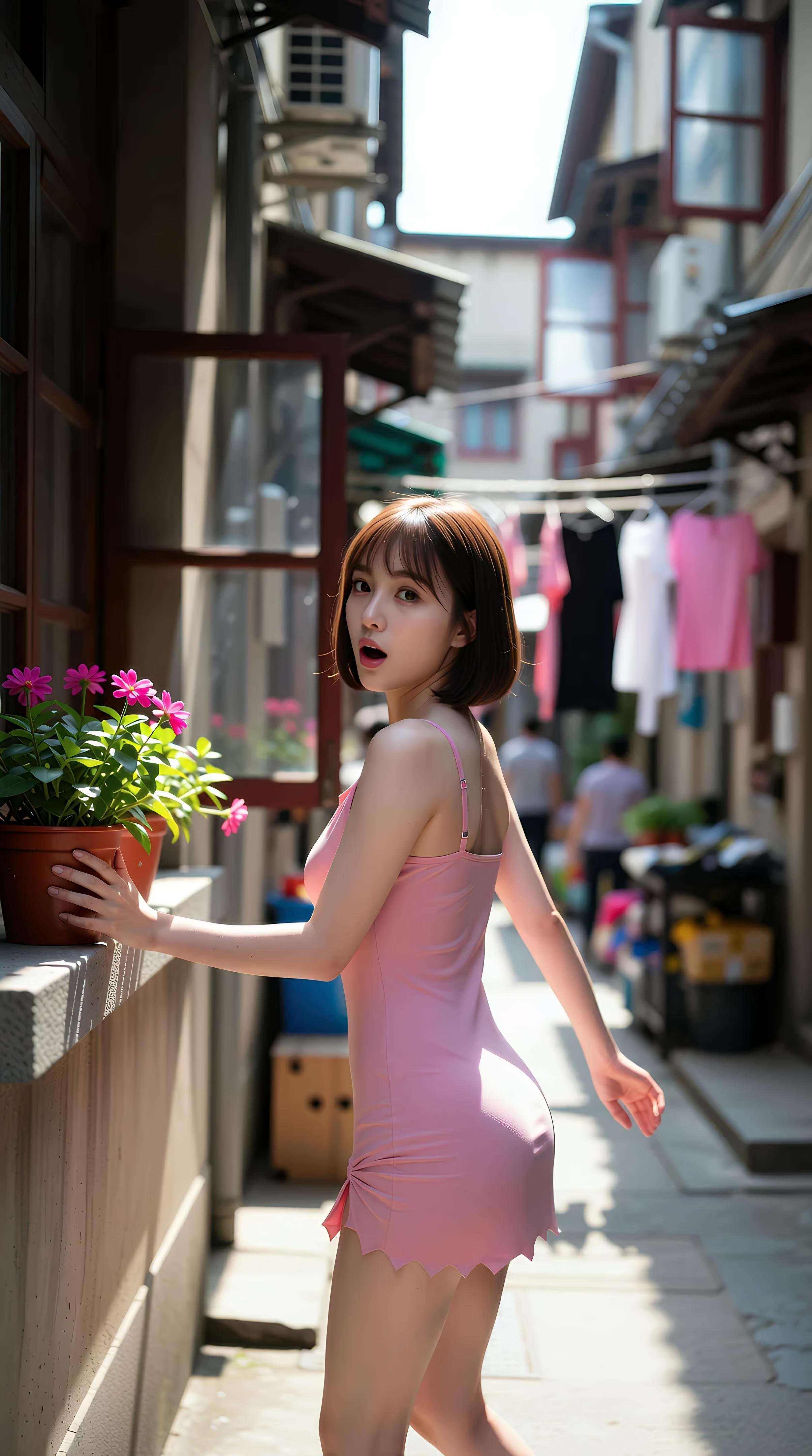 [AI Beauty] Xiao Qiao Bu Qiao - Pink Short Skirt Alley: Outdoor Sunny Pure Aesthetic Long Legs 97P