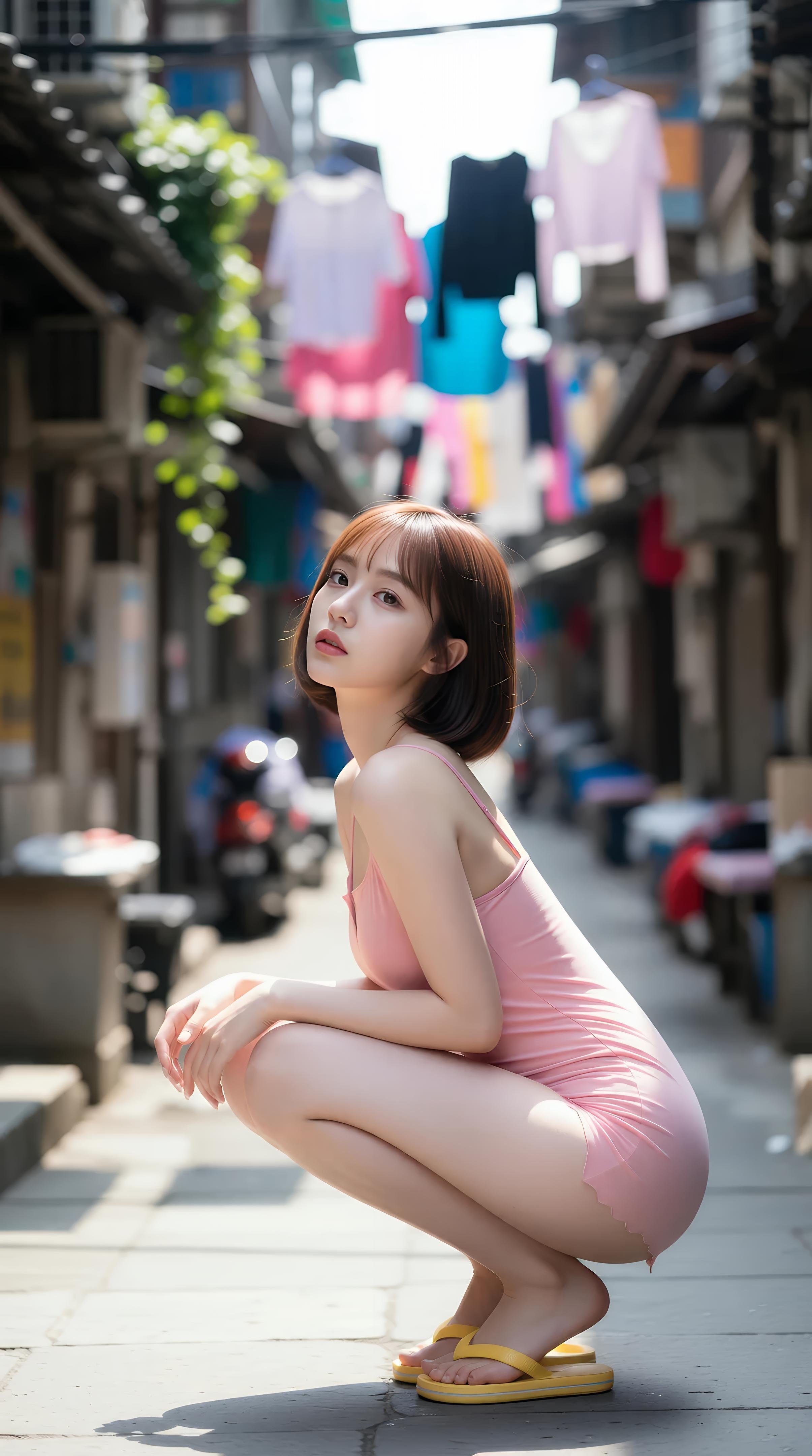 [AI Beauty] Xiao Qiao Bu Qiao - Pink Short Skirt Alley: Outdoor Sunny Pure Aesthetic Long Legs 97P