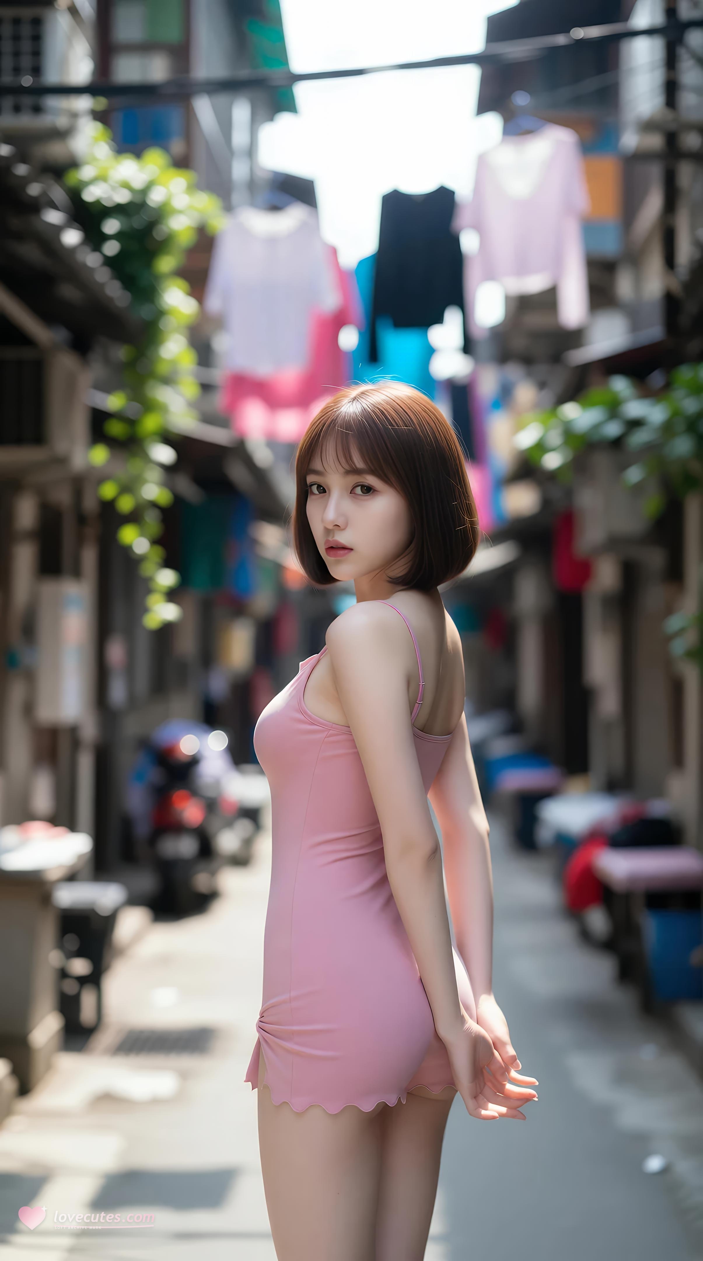 [AI美女] 小乔不乔 - Phố hẻm váy ngắn màu hồng: ngoài trời nắng nhẹ, đôi chân đẹp trong trẻo 97P