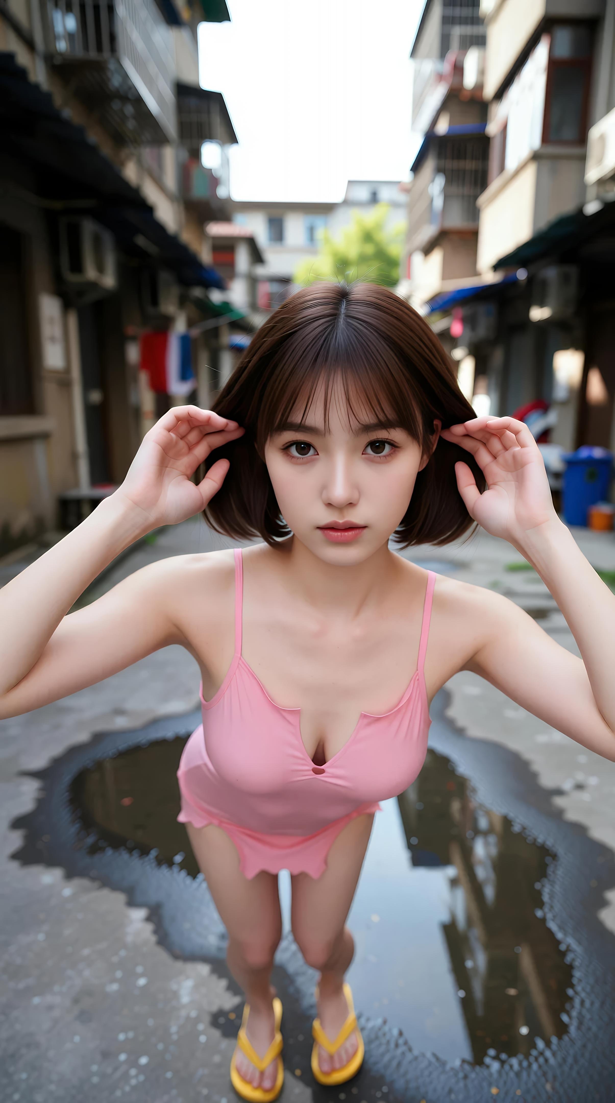[AI美女] 小乔不乔 - Phố hẻm váy ngắn màu hồng: ngoài trời nắng nhẹ, đôi chân đẹp trong trẻo 97P