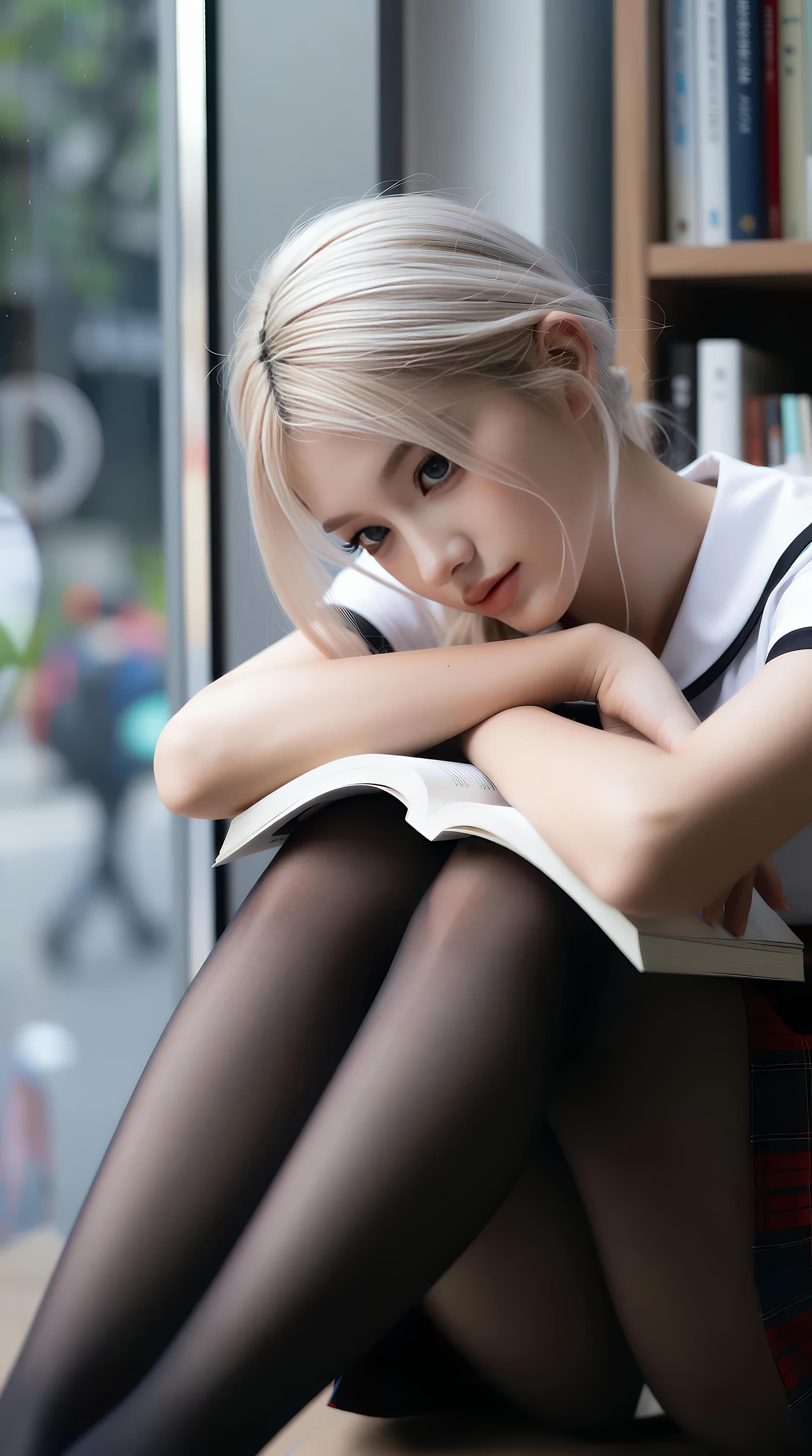 [AI美女] 熙蕾学姐ruby - 图书馆学姐：格裙黑丝校园写真 86P