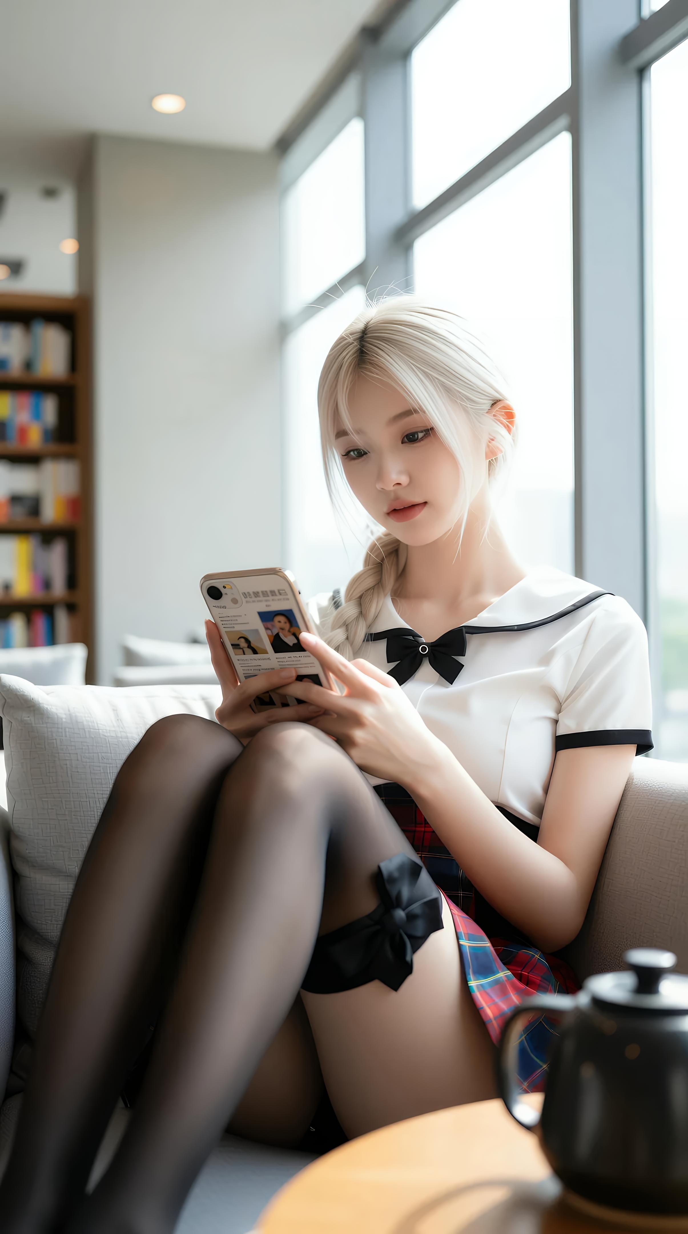 [AI美女] 熙蕾学姐ruby - 图书馆学姐：格裙黑丝校园写真 86P