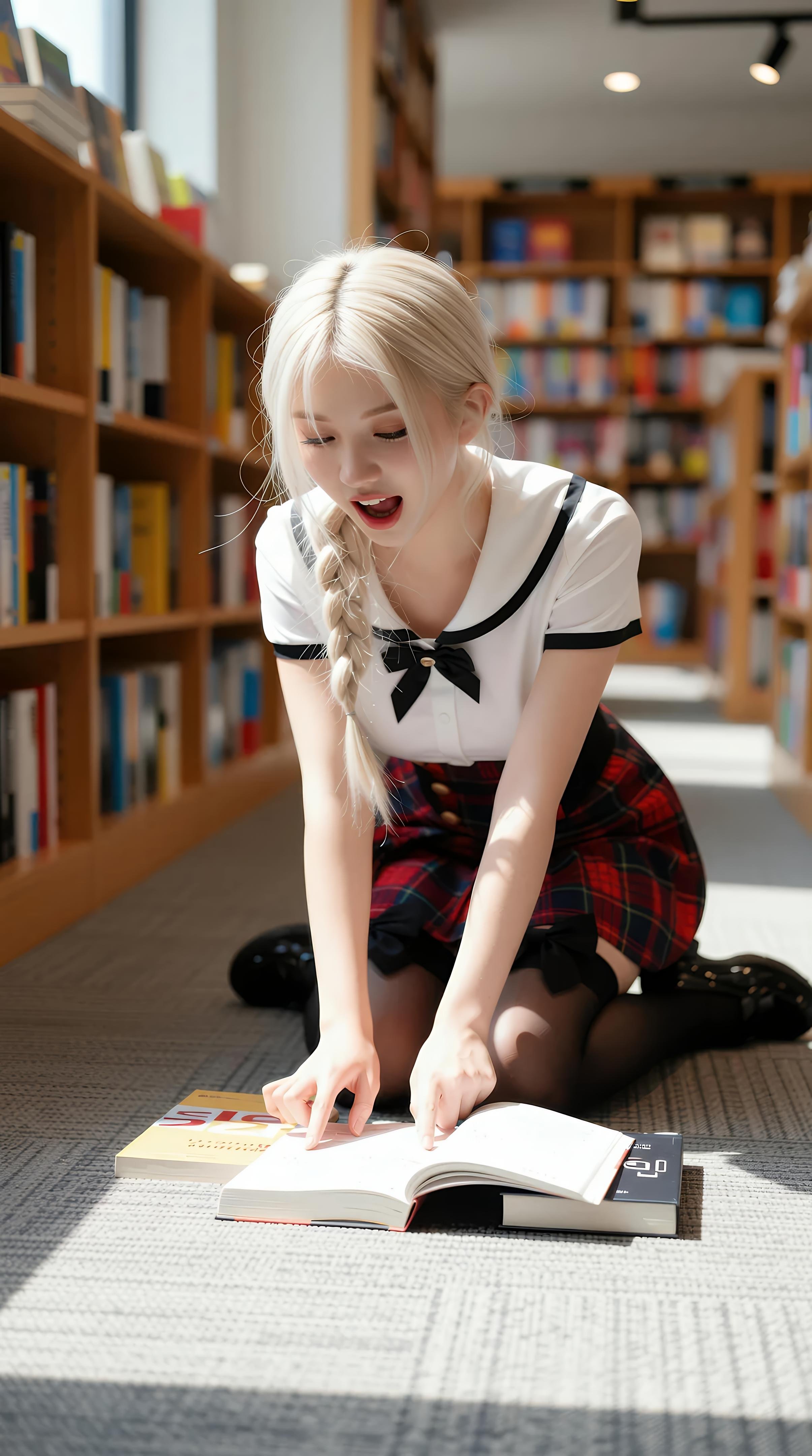 [AI美女] 熙蕾学姐ruby - 图书馆学姐：格裙黑丝校园写真 86P
