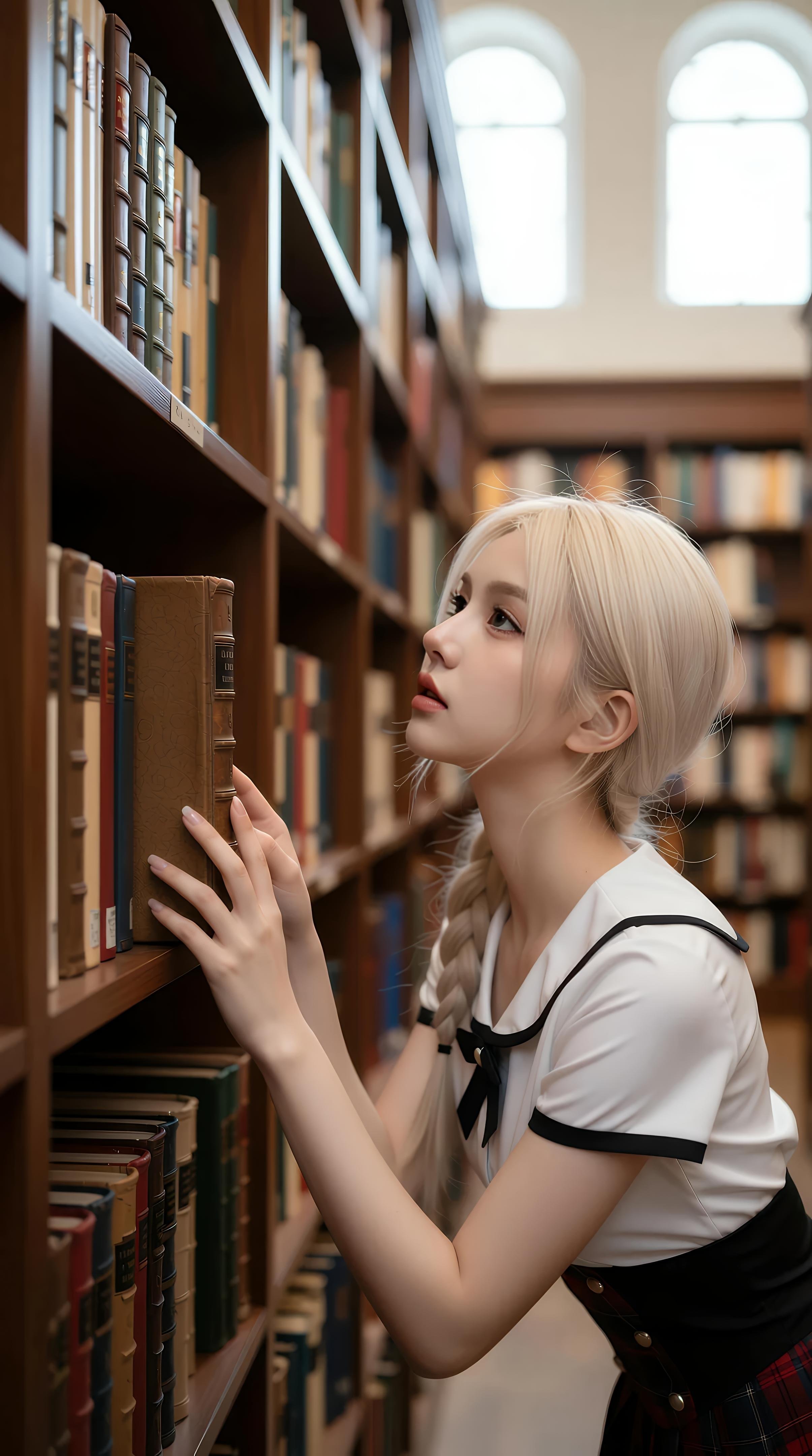 [AI美女] 熙蕾学姐ruby - 图书馆学姐：格裙黑丝校园写真 86P
