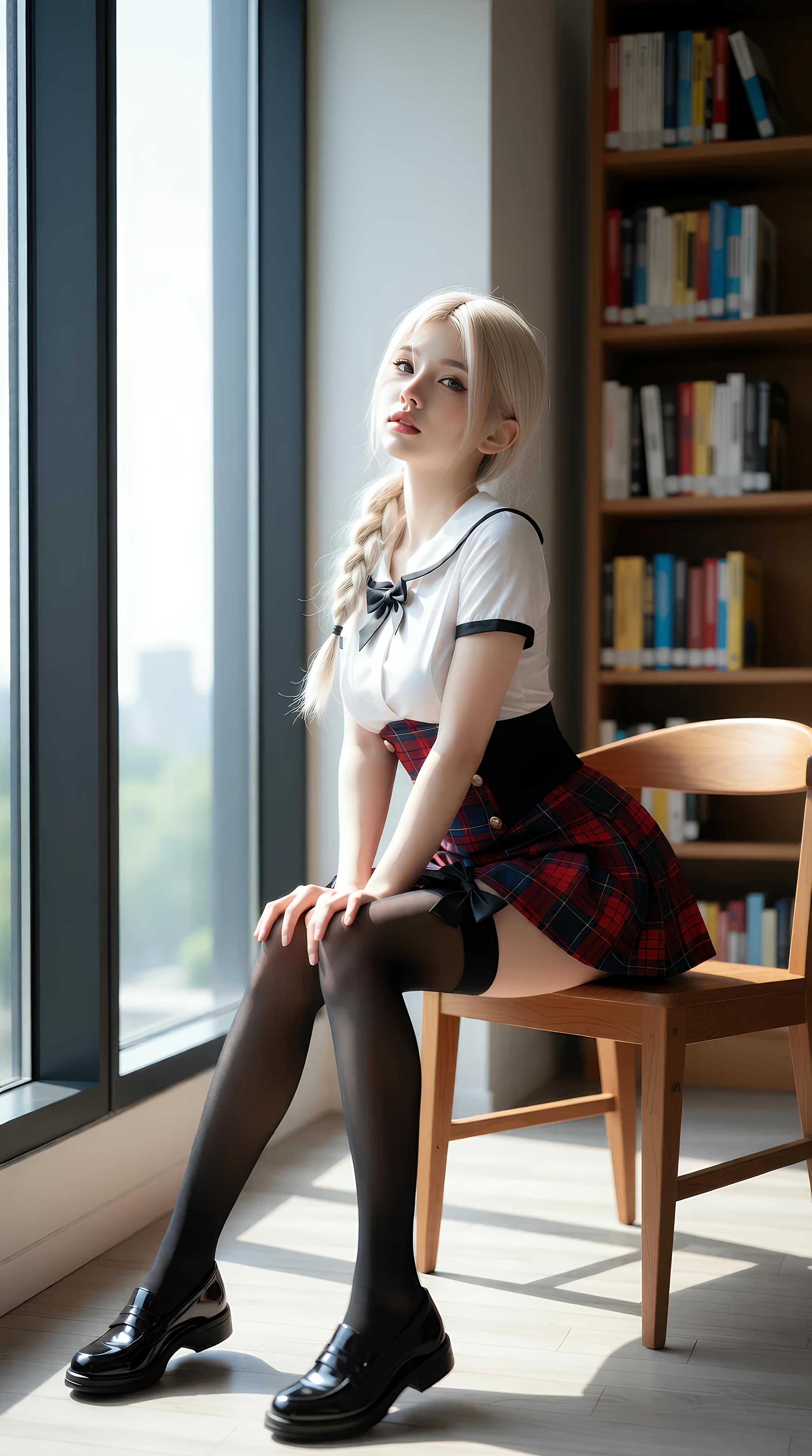 [AI美女] 熙蕾学姐ruby - 图书馆学姐：格裙黑丝校园写真 86P