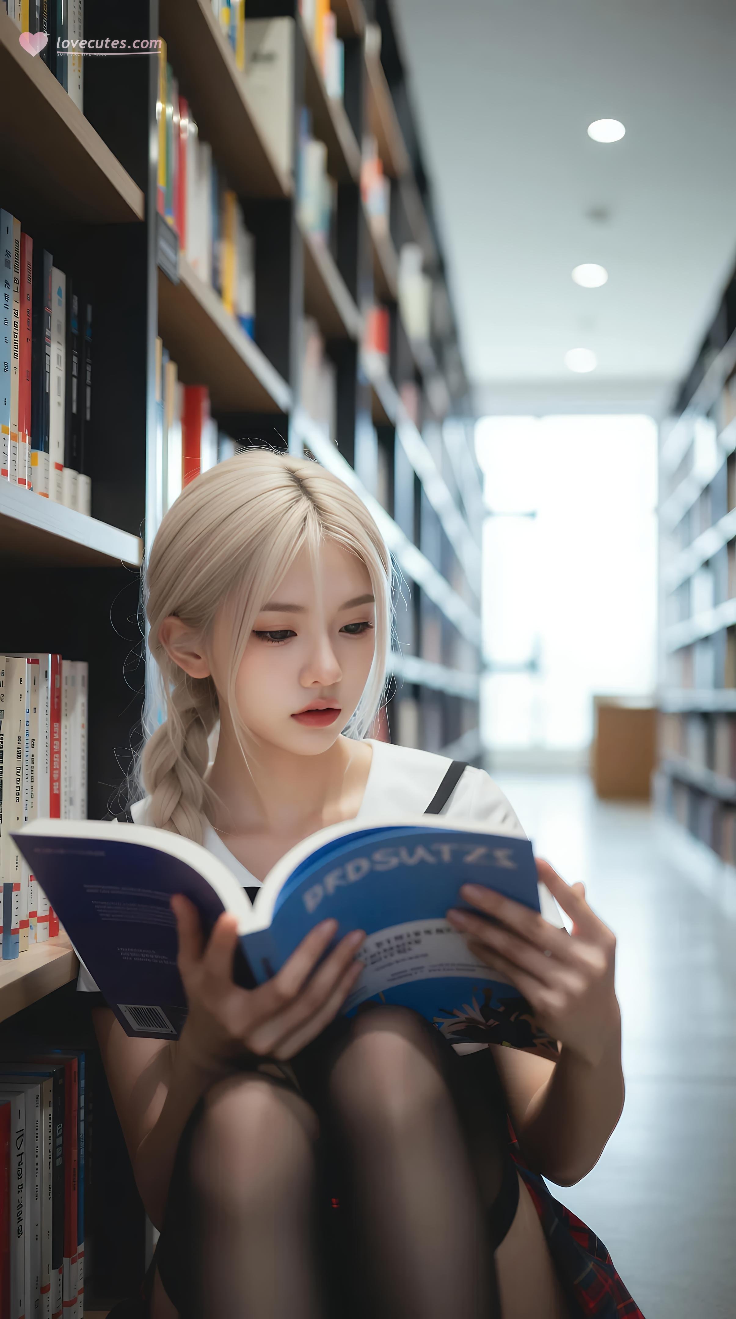 [AI美女] 熙蕾学姐ruby - 图书馆学姐：格裙黑丝校园写真 86P