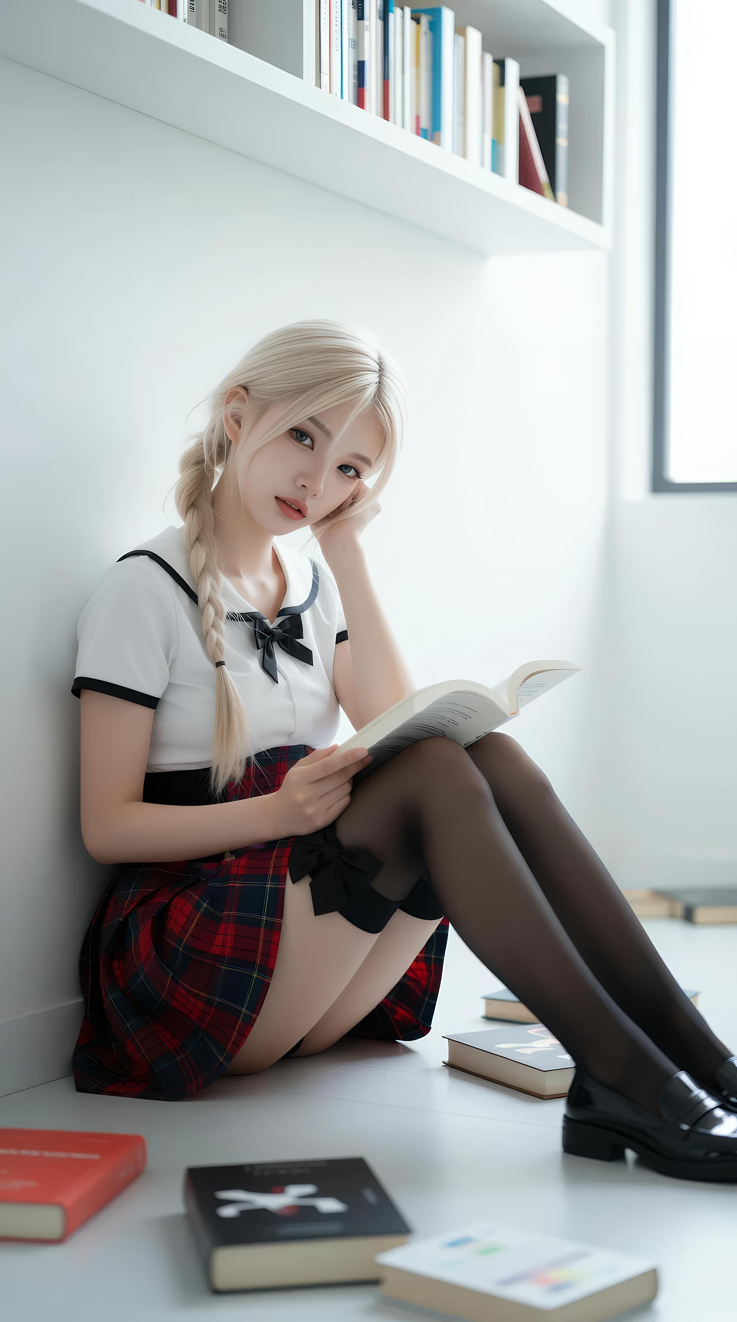 [AI美女] 熙蕾学姐ruby - 图书馆学姐：格裙黑丝校园写真 86P