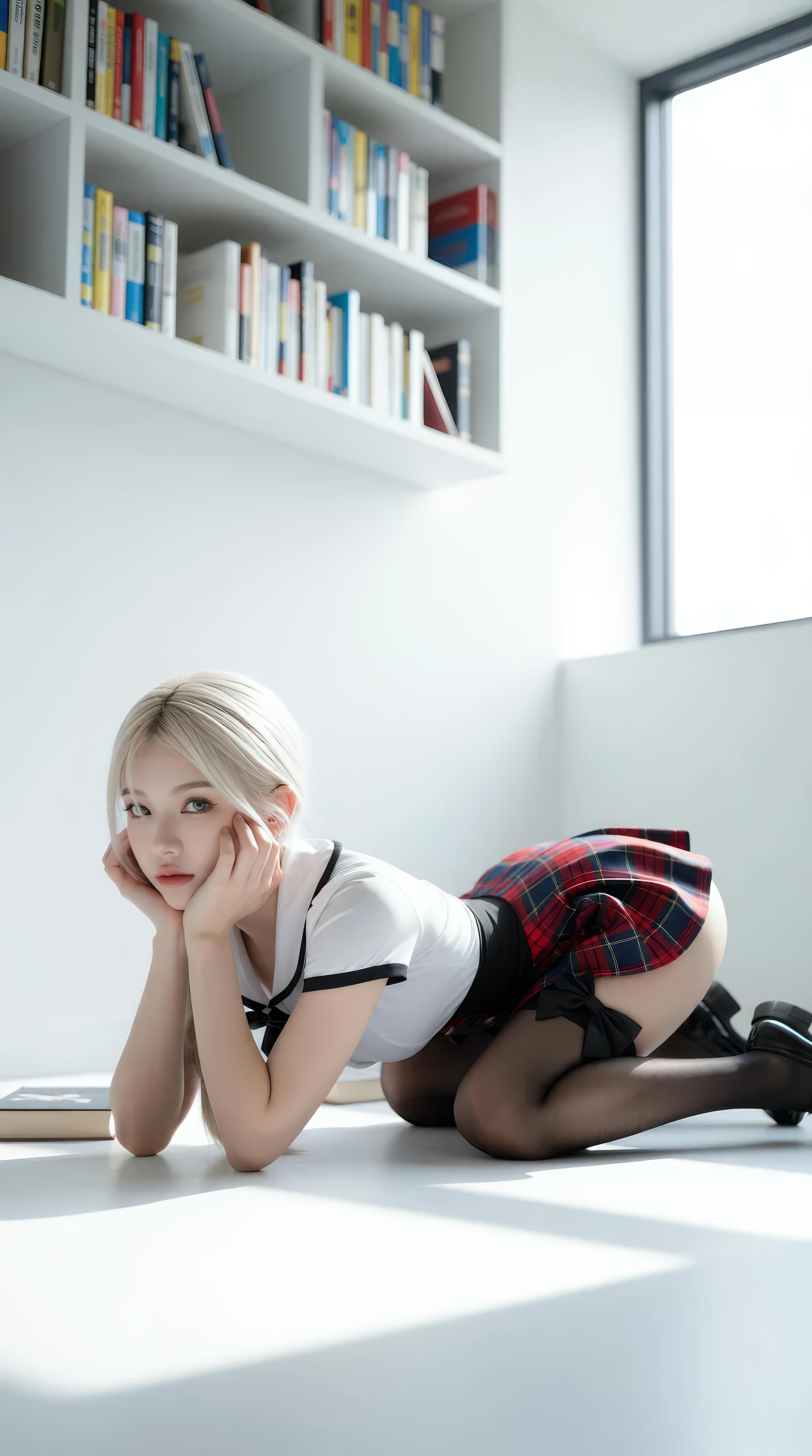 [AI美女] 熙蕾学姐ruby - 图书馆学姐：格裙黑丝校园写真 86P
