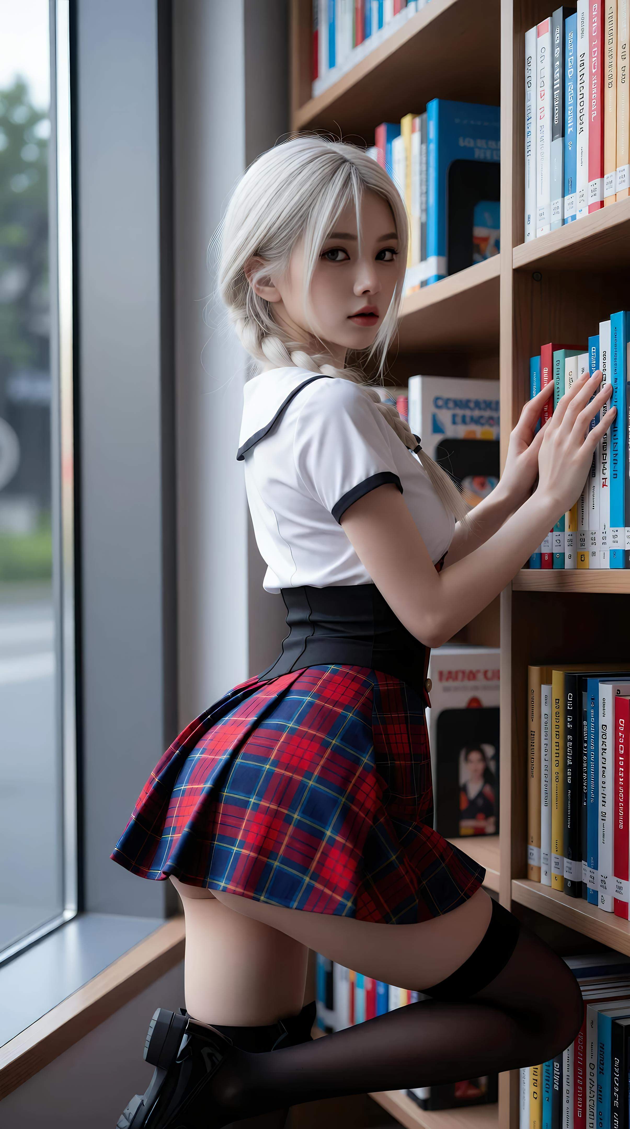 [AI美女] 熙蕾学姐ruby - 图书馆学姐：格裙黑丝校园写真 86P