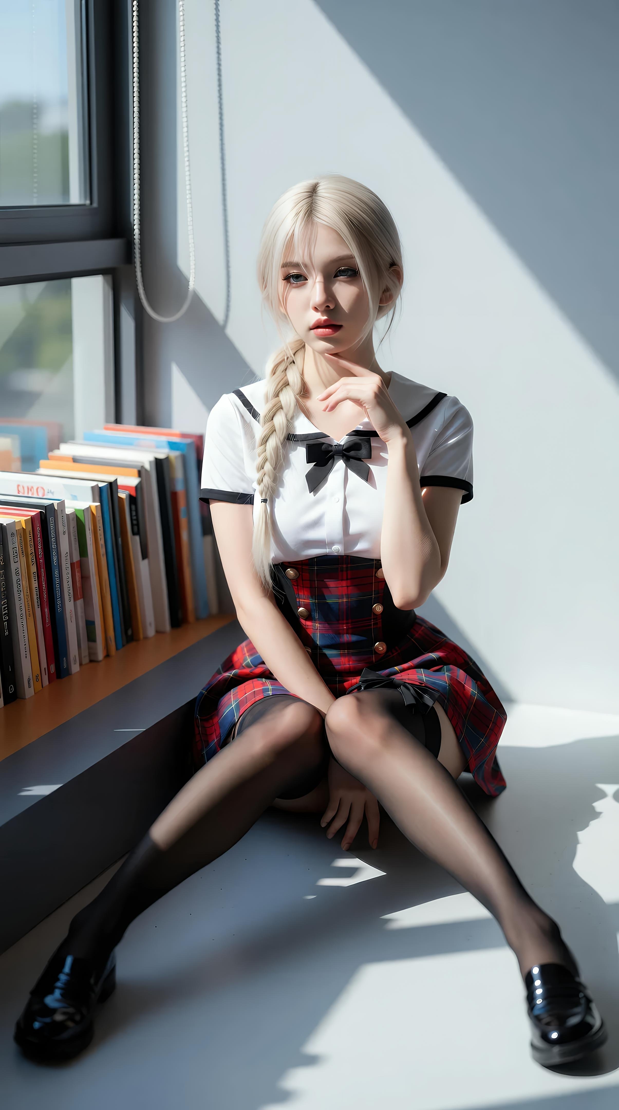 [AI美女] 熙蕾学姐ruby - 图书馆学姐：格裙黑丝校园写真 86P