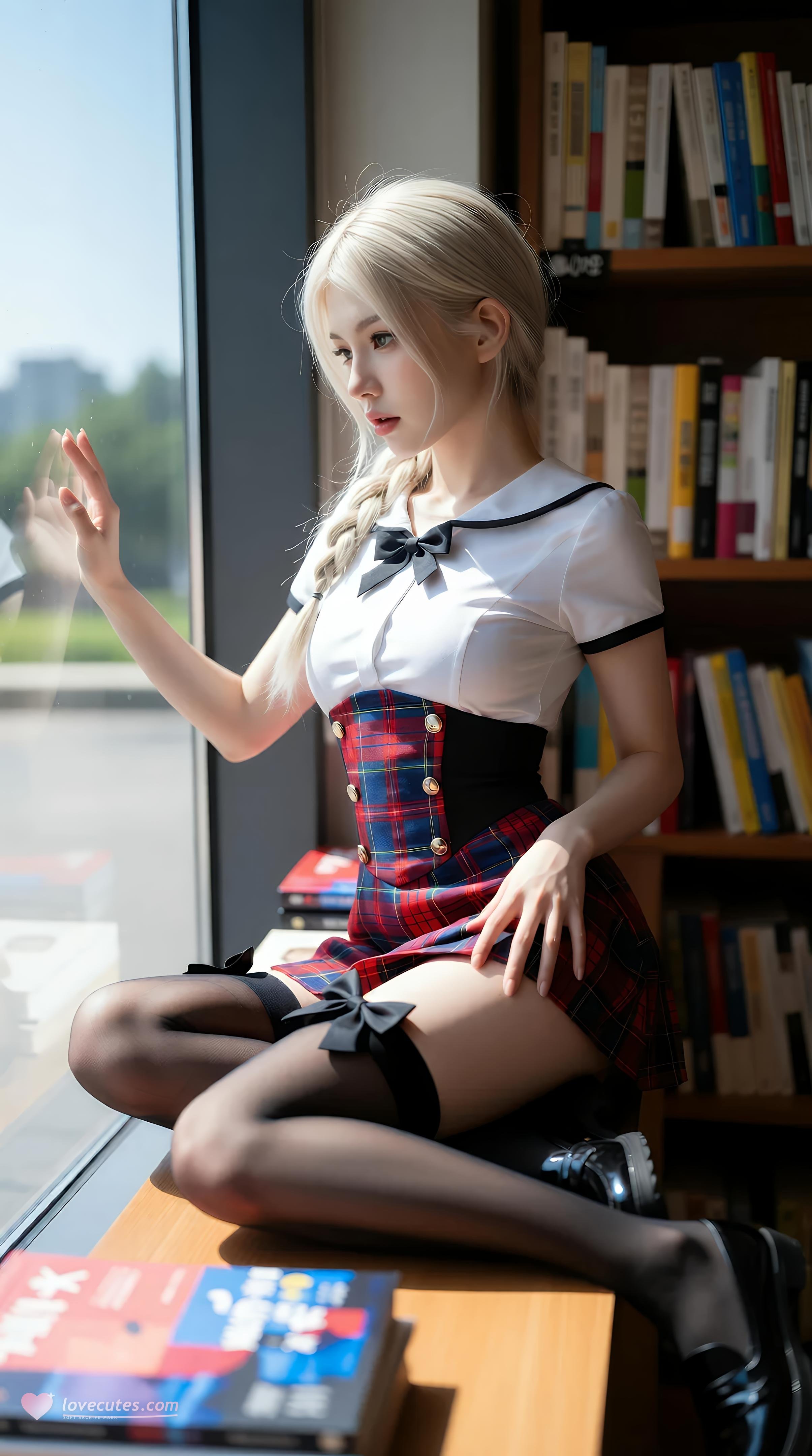 [AI美女] 熙蕾学姐ruby - Nữ sinh đàn chị thư viện: chân váy kẻ caro, tất đen, ảnh chụp phong cách học đường 86P