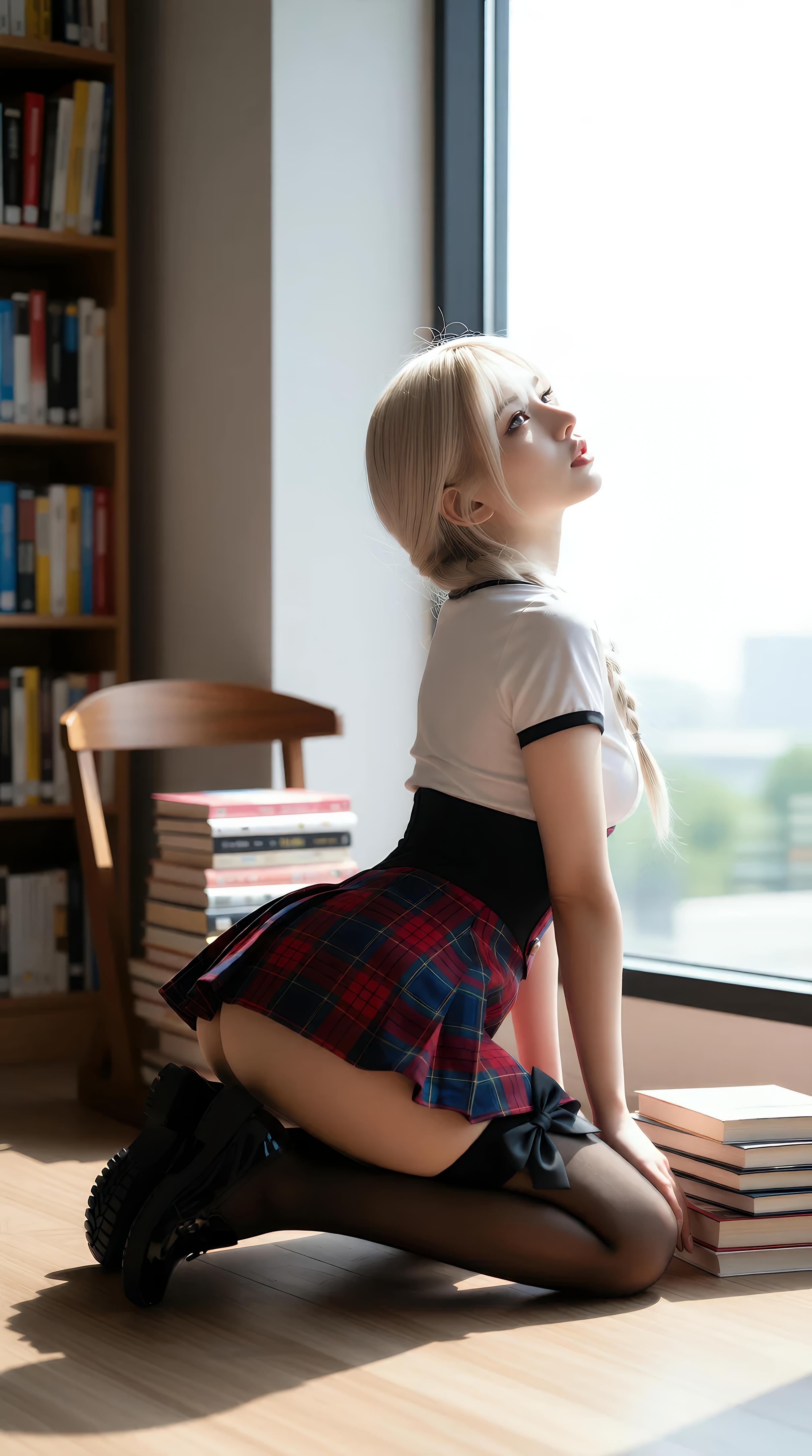 [AI美女] 熙蕾学姐ruby - Nữ sinh đàn chị thư viện: chân váy kẻ caro, tất đen, ảnh chụp phong cách học đường 86P