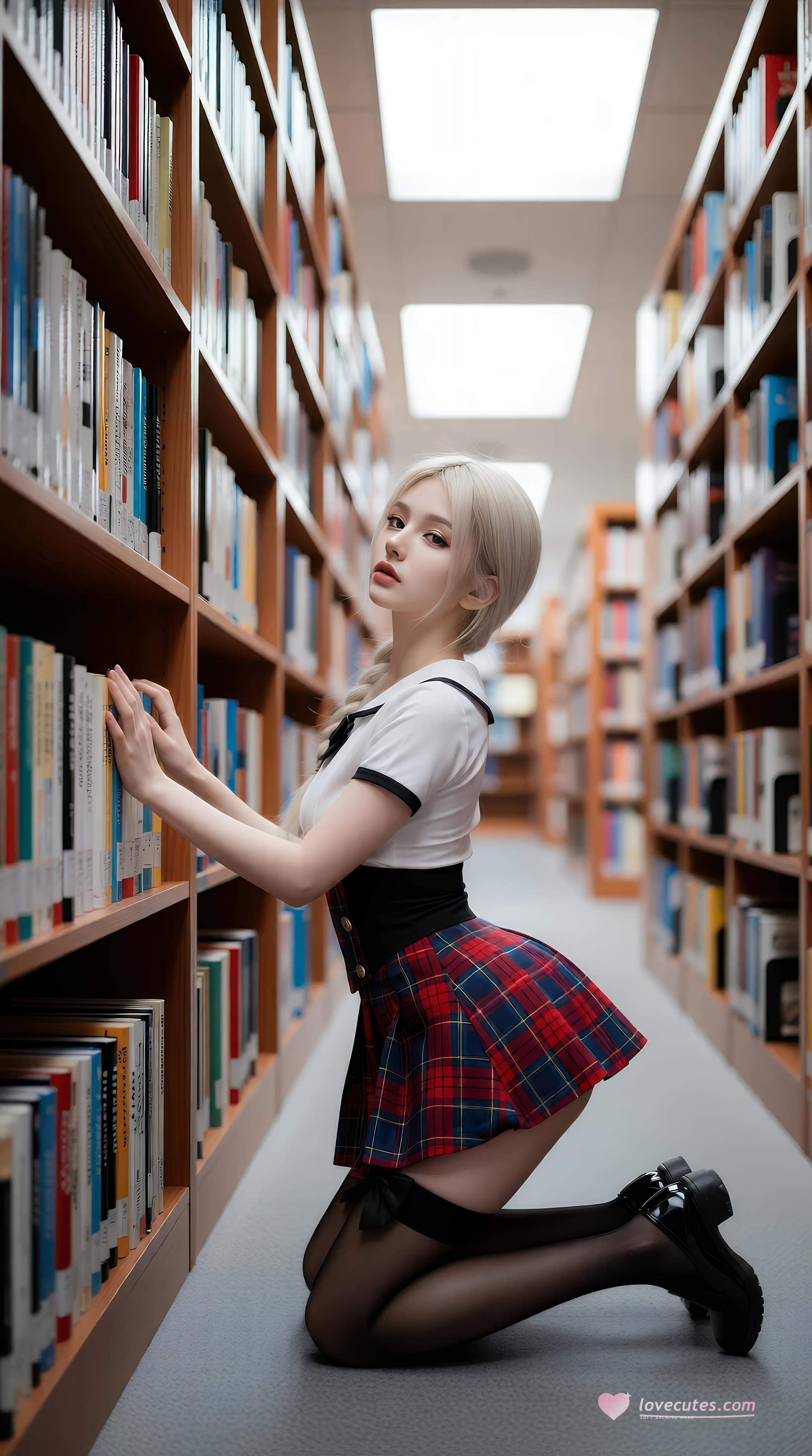 [AI美女] 熙蕾学姐ruby - Nữ sinh đàn chị thư viện: chân váy kẻ caro, tất đen, ảnh chụp phong cách học đường 86P