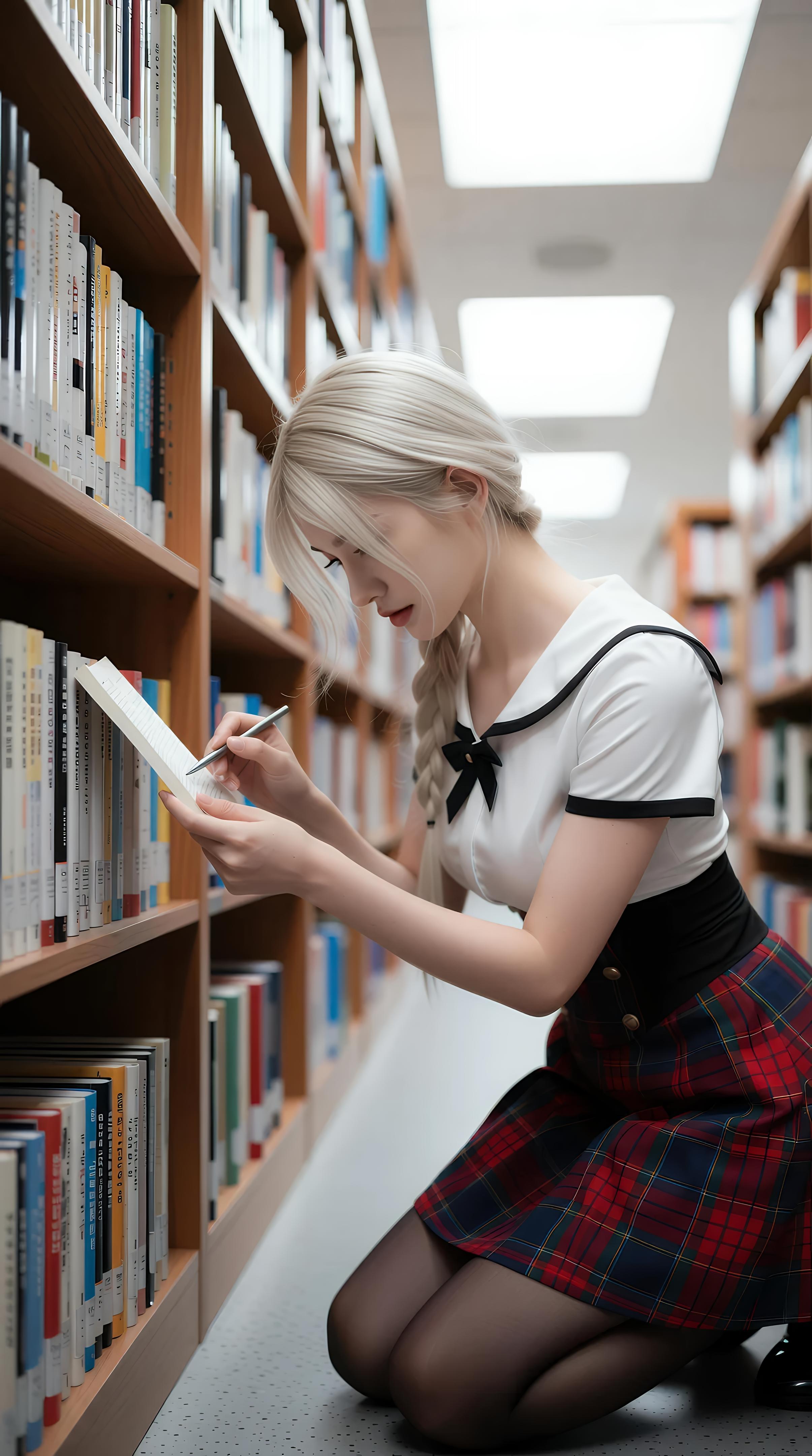 [AI美女] 熙蕾学姐ruby - Nữ sinh đàn chị thư viện: chân váy kẻ caro, tất đen, ảnh chụp phong cách học đường 86P