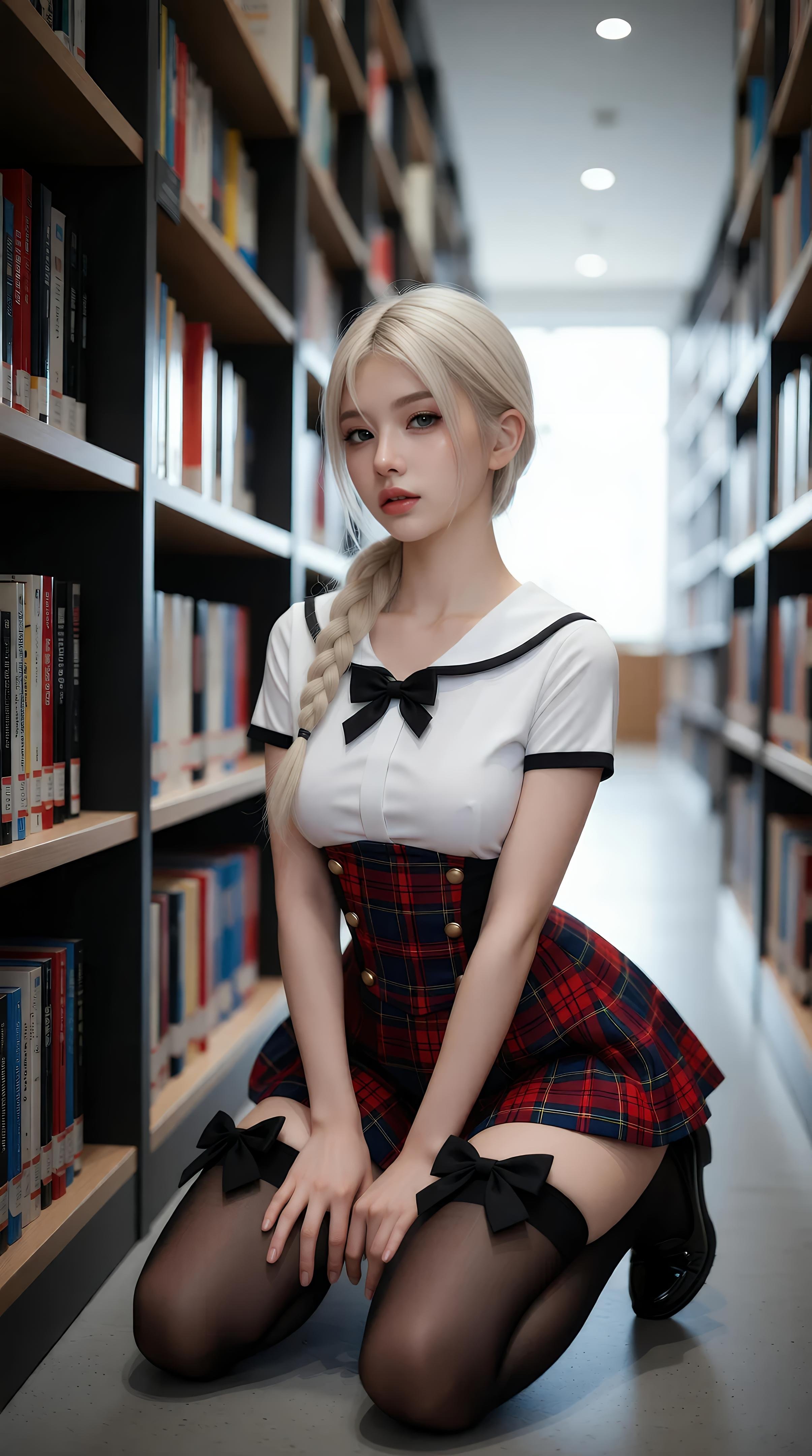 [AI美女] 熙蕾学姐ruby - Nữ sinh đàn chị thư viện: chân váy kẻ caro, tất đen, ảnh chụp phong cách học đường 86P