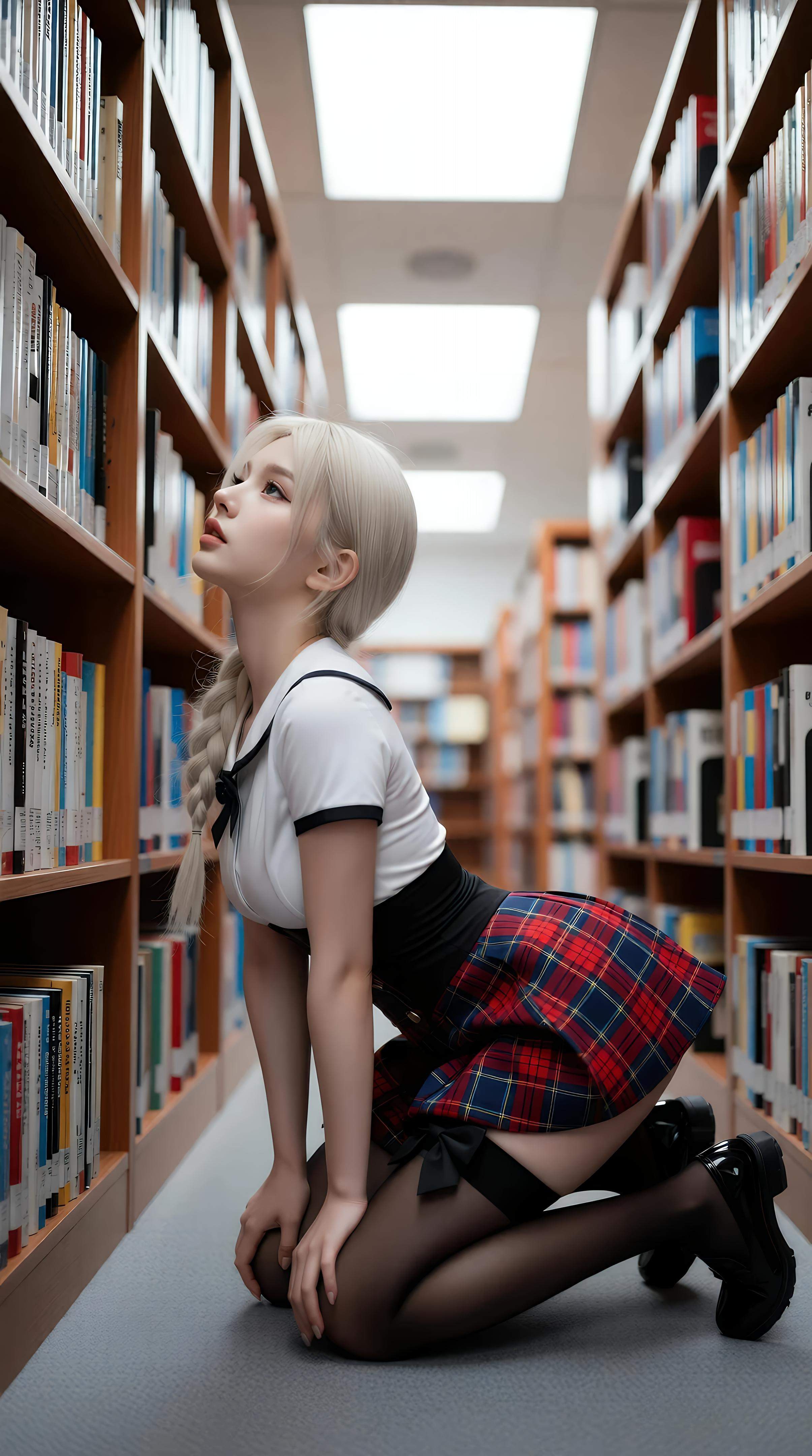 [AI美女] 熙蕾学姐ruby - Nữ sinh đàn chị thư viện: chân váy kẻ caro, tất đen, ảnh chụp phong cách học đường 86P