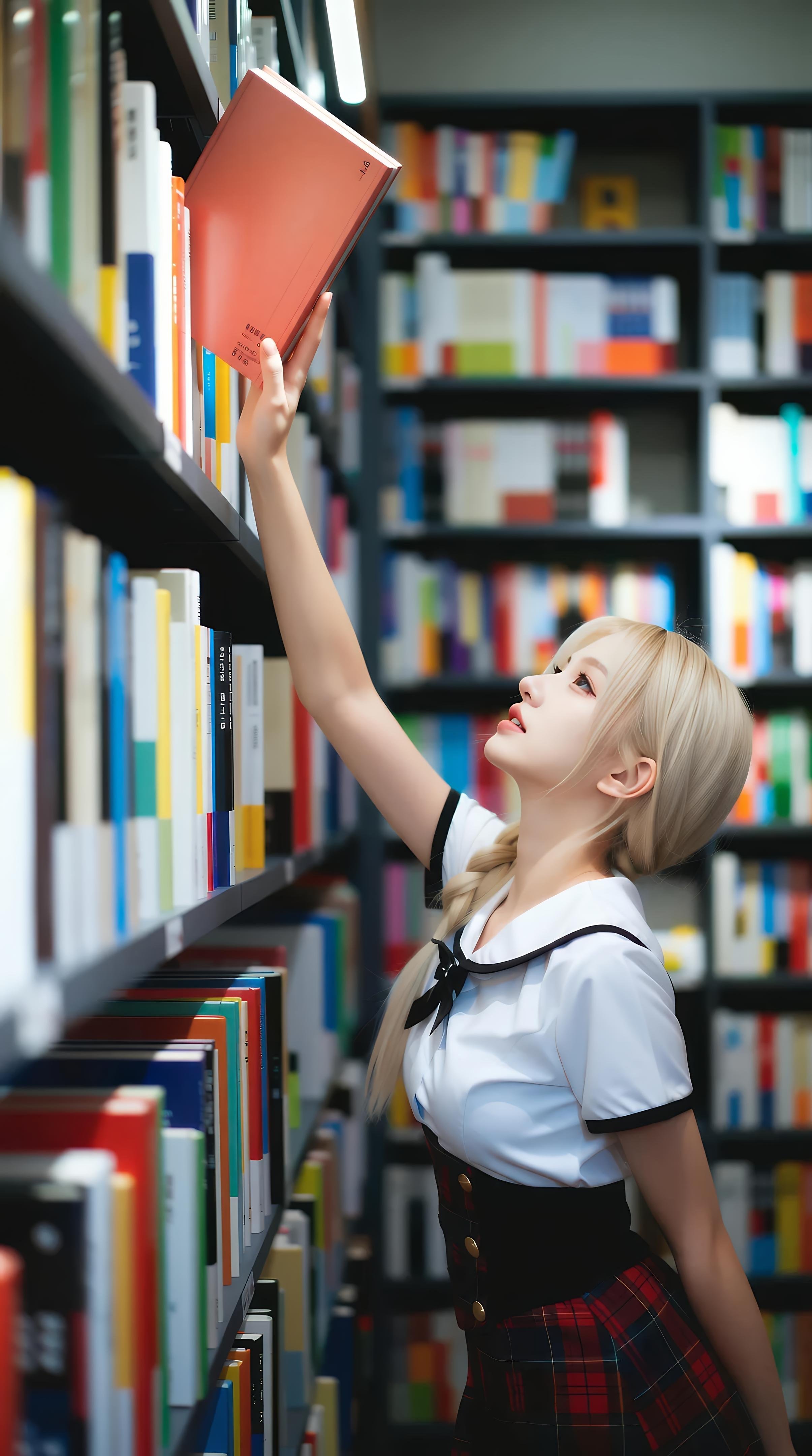 [AI美女] 熙蕾学姐ruby - Nữ sinh đàn chị thư viện: chân váy kẻ caro, tất đen, ảnh chụp phong cách học đường 86P