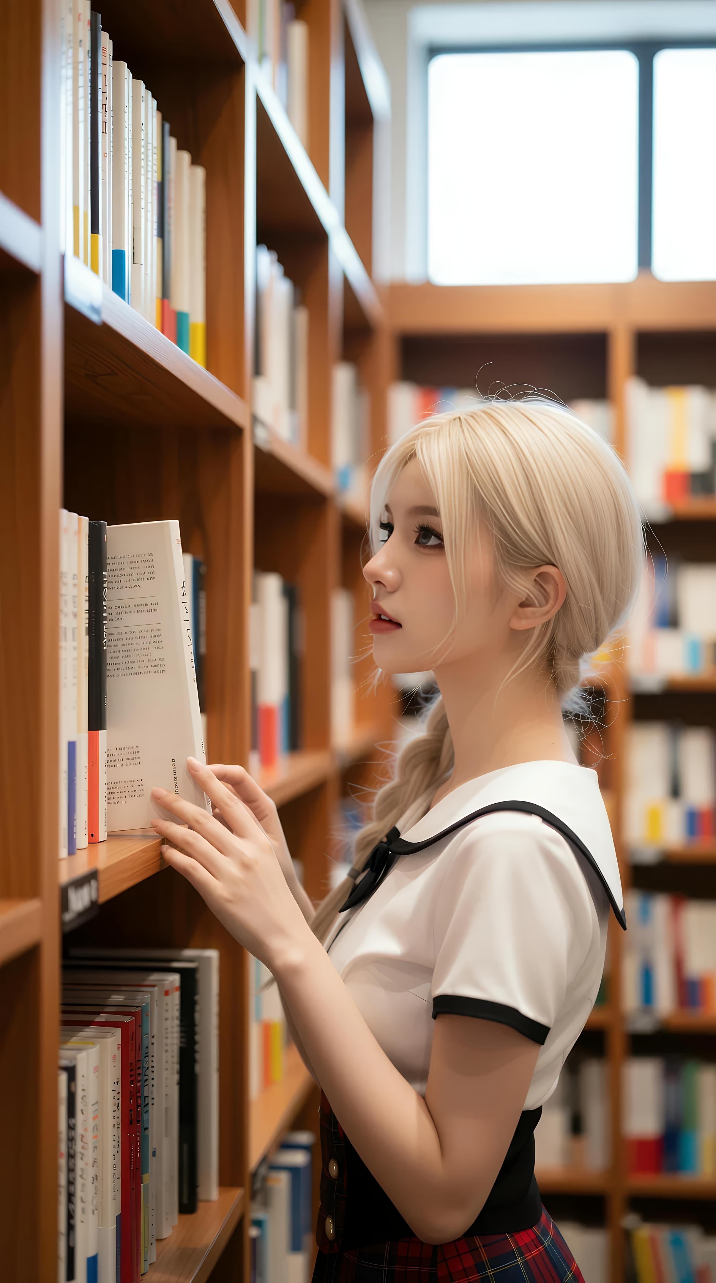 [AI美女] 熙蕾学姐ruby - Nữ sinh đàn chị thư viện: chân váy kẻ caro, tất đen, ảnh chụp phong cách học đường 86P