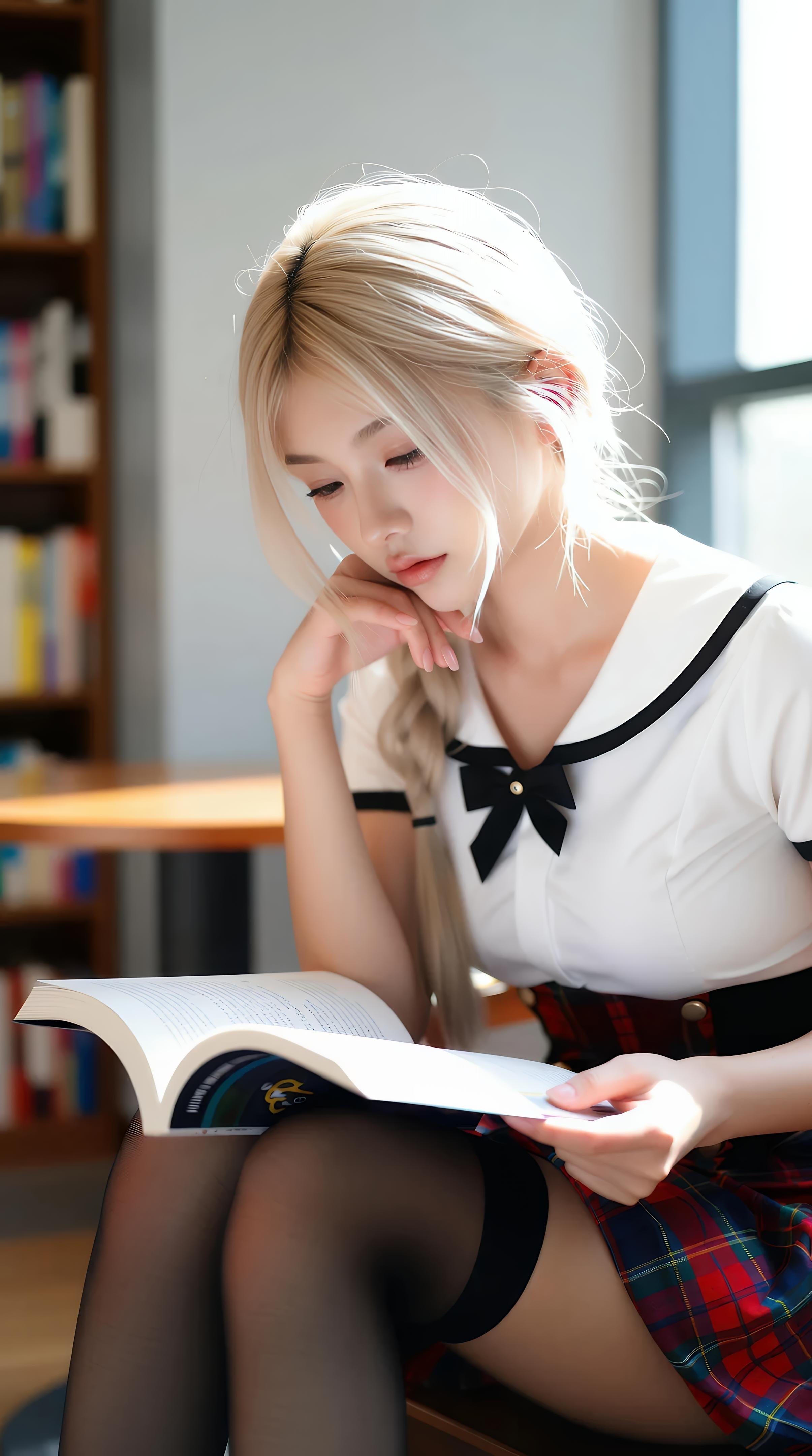 [AI美女] 熙蕾学姐ruby - 図書館の先輩：チェック柄スカート・黒ストッキング・キャンパス写真 86P