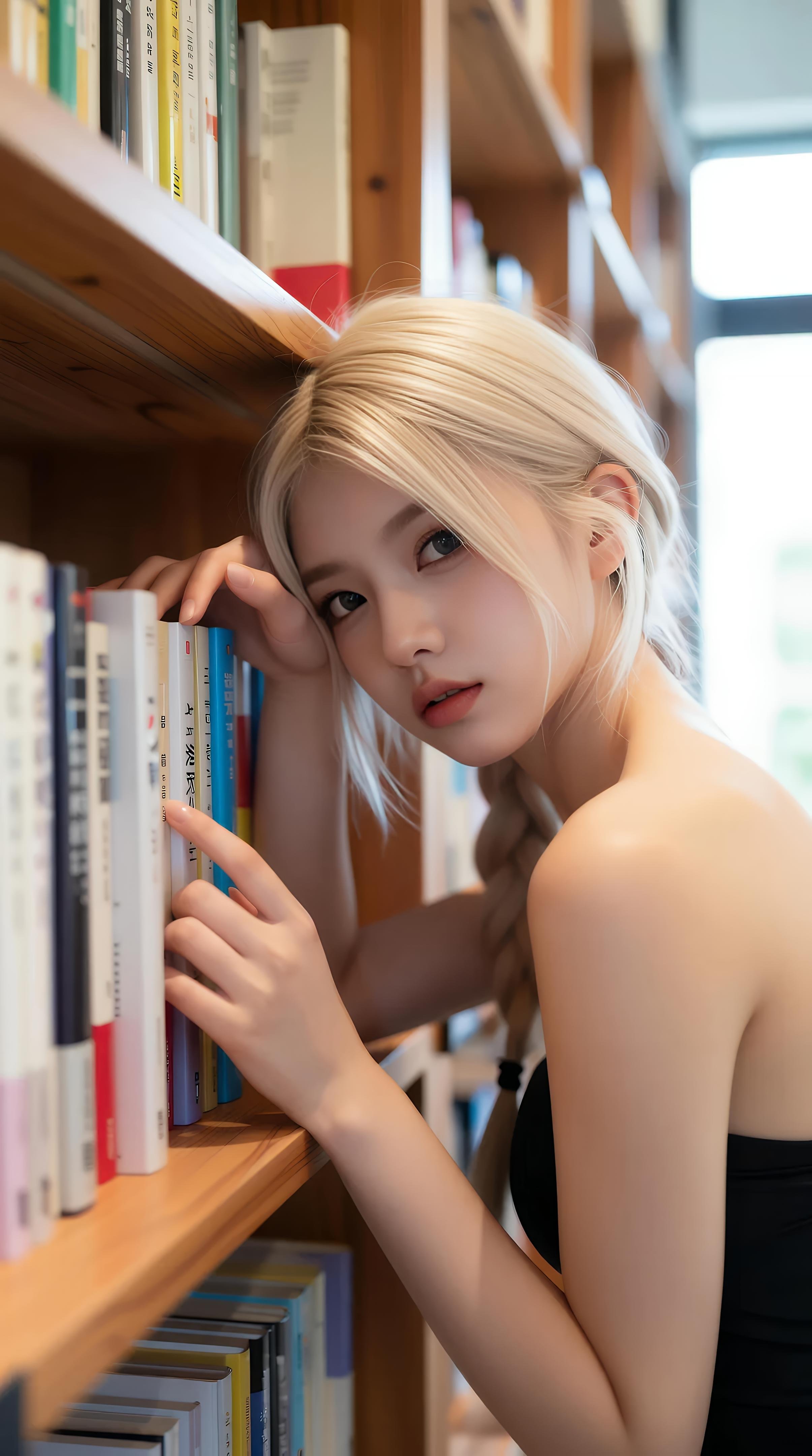[AI美女] 熙蕾学姐ruby - 図書館の先輩：チェック柄スカート・黒ストッキング・キャンパス写真 86P