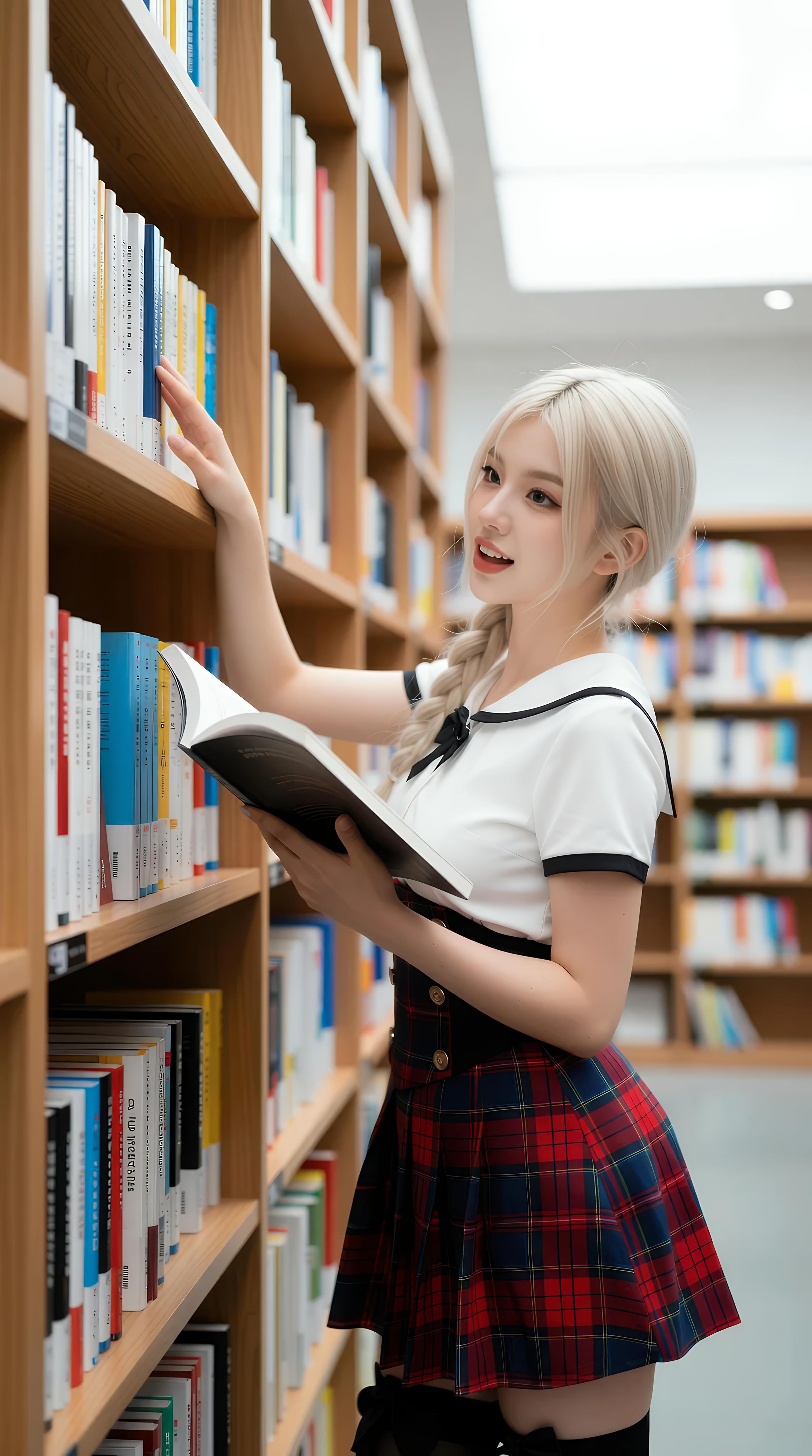[AI美女] 熙蕾学姐ruby - 図書館の先輩：チェック柄スカート・黒ストッキング・キャンパス写真 86P