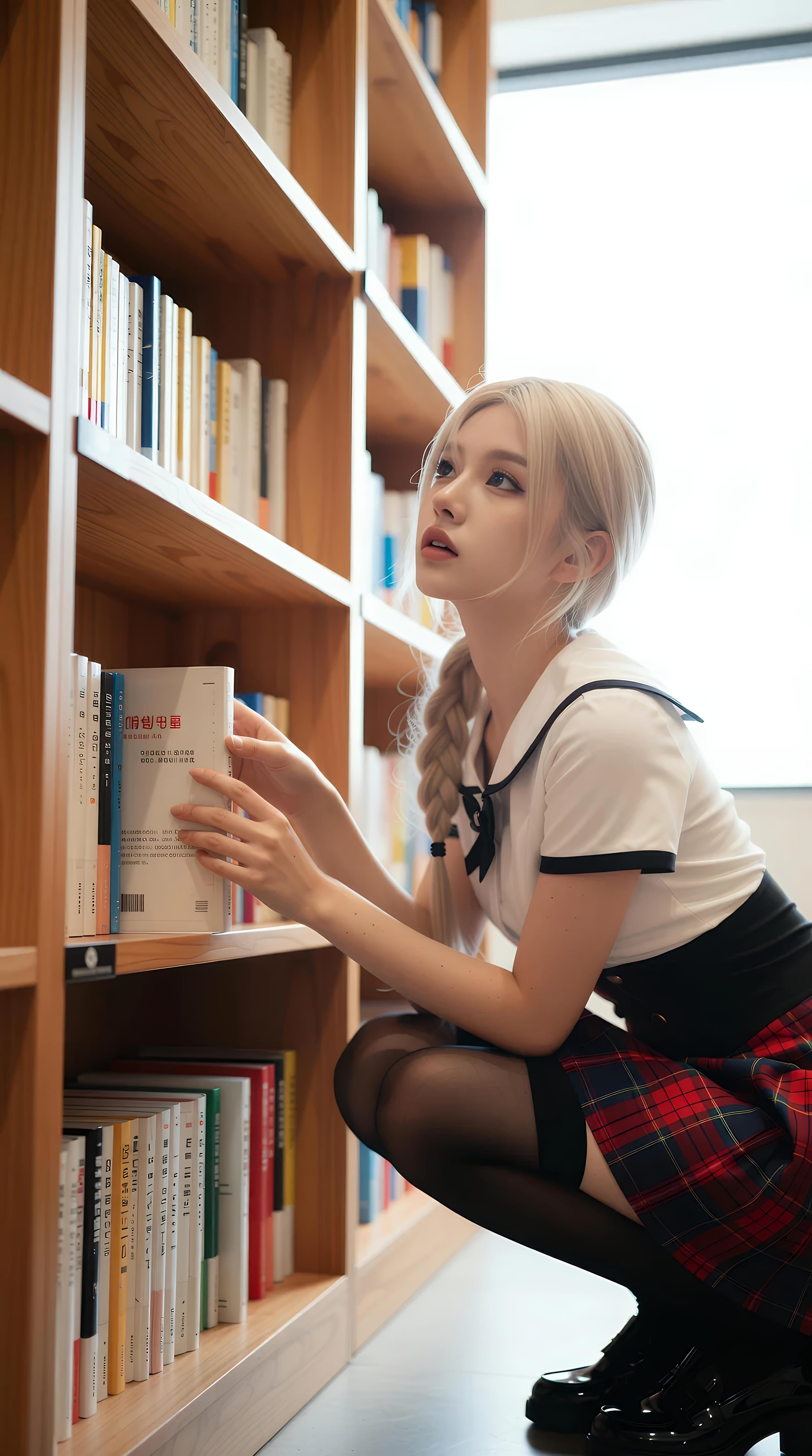 [AI美女] 熙蕾学姐ruby - 図書館の先輩：チェック柄スカート・黒ストッキング・キャンパス写真 86P