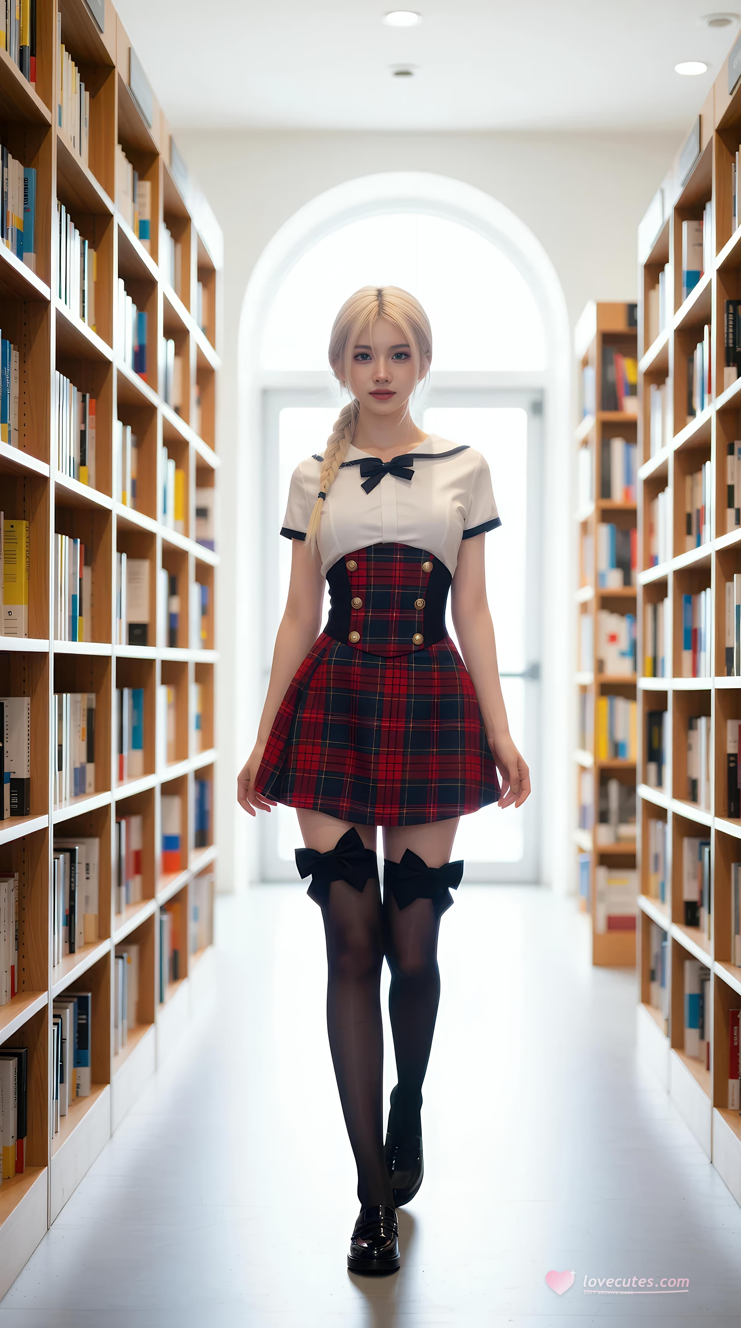 [AI美女] 熙蕾学姐ruby - 図書館の先輩：チェック柄スカート・黒ストッキング・キャンパス写真 86P