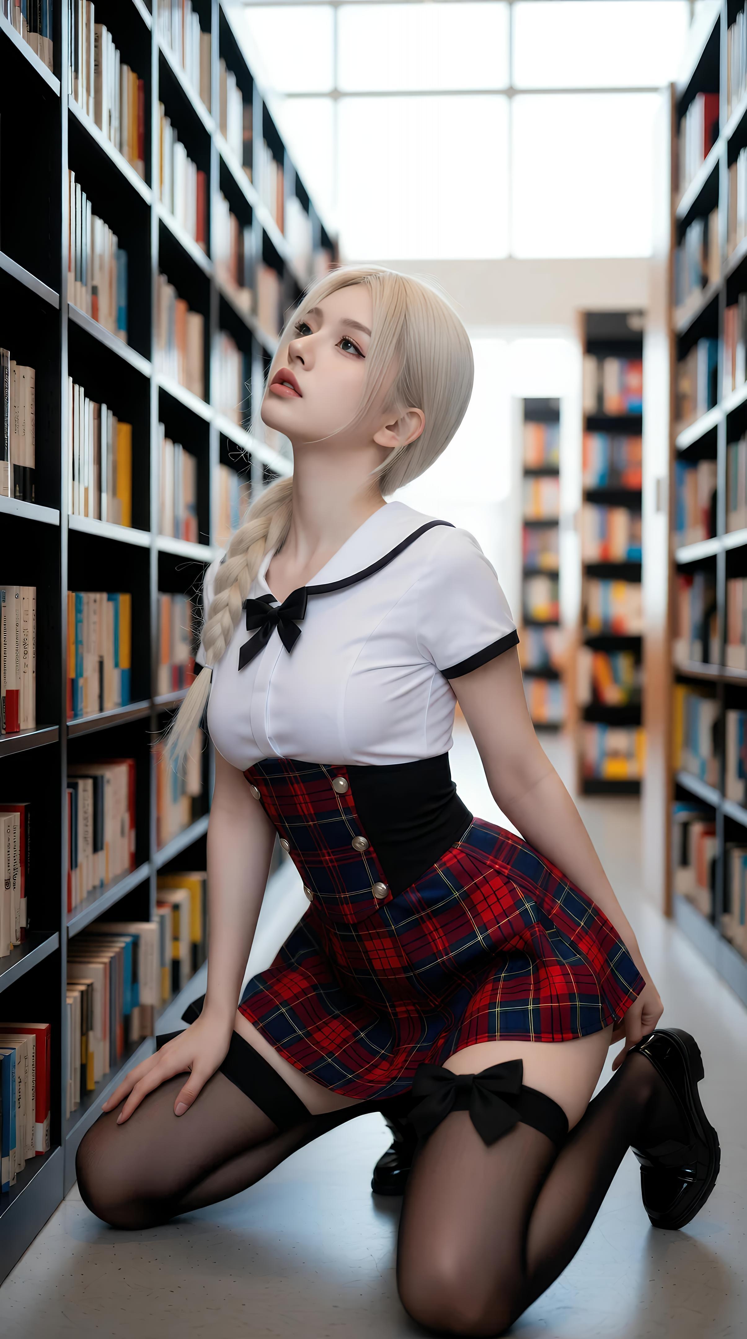 [AI美女] 熙蕾学姐ruby - 図書館の先輩：チェック柄スカート・黒ストッキング・キャンパス写真 86P