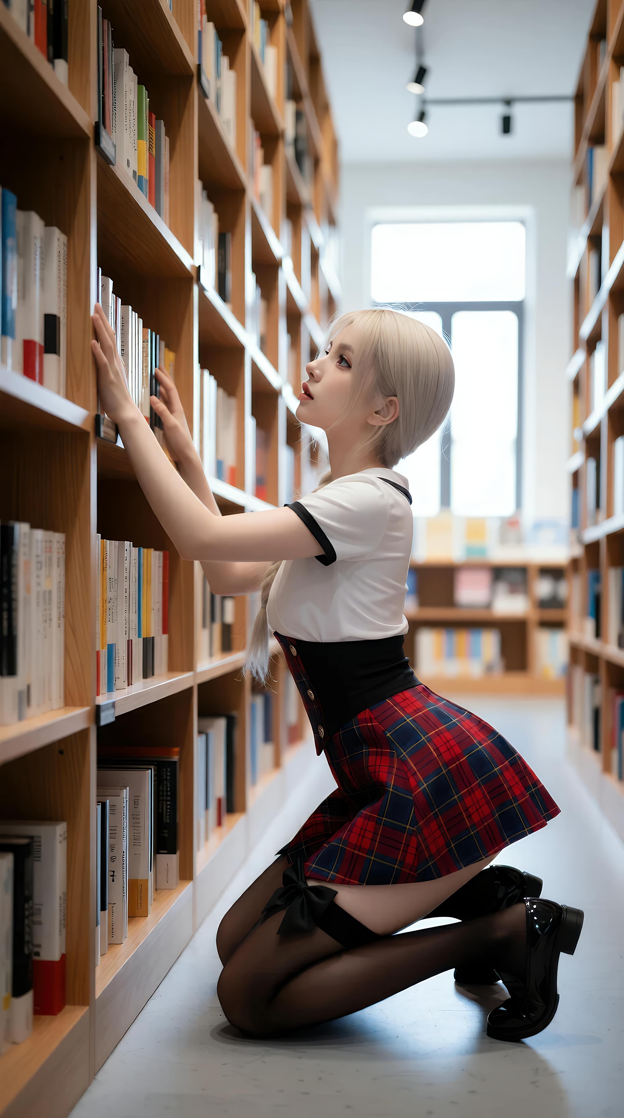 [AI Beauty] Xilei Senior Ruby - Library Senior: Plaid Skirt and Black Stockings Campus Photoshoot 86P