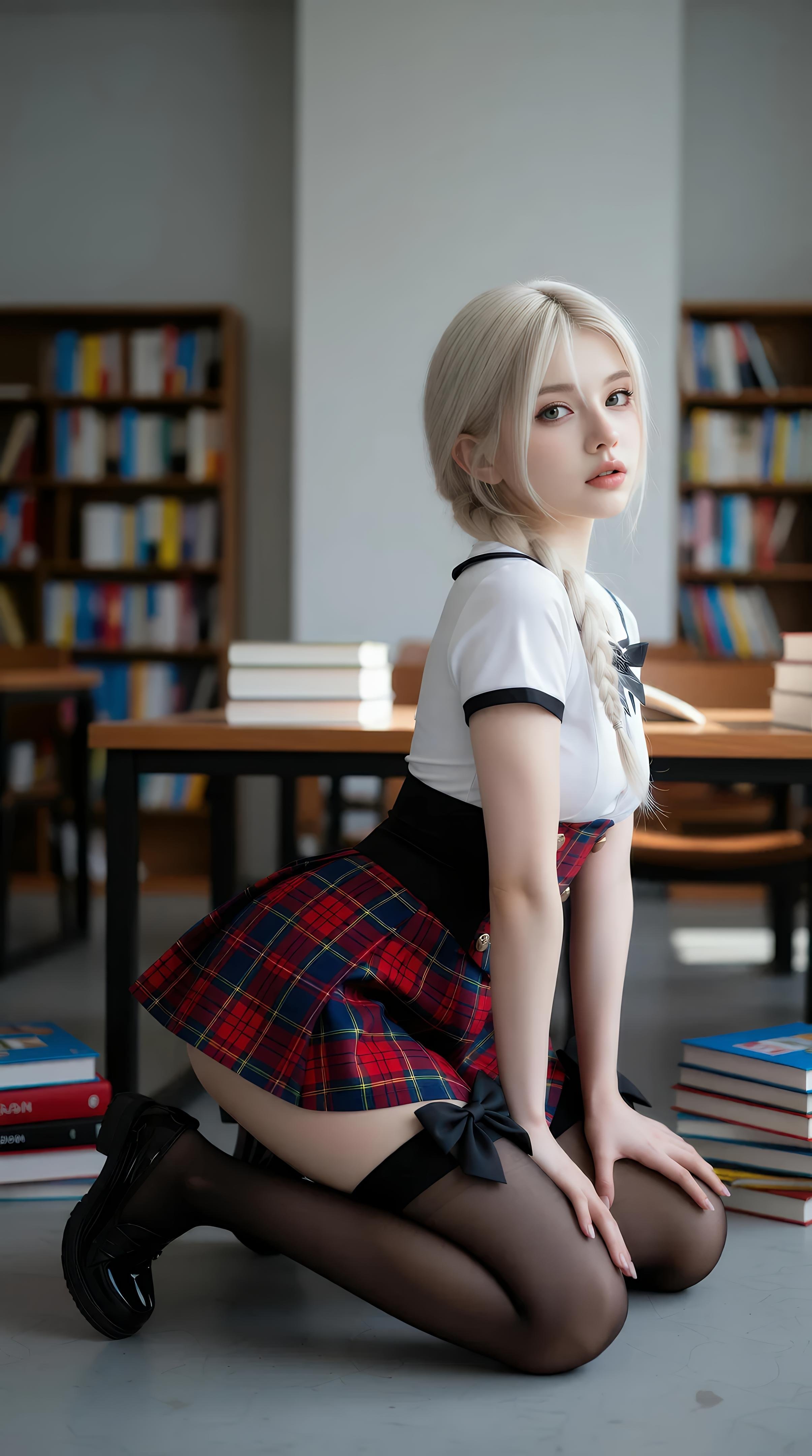 [AI Beauty] Xilei Senior Ruby - Library Senior: Plaid Skirt and Black Stockings Campus Photoshoot 86P