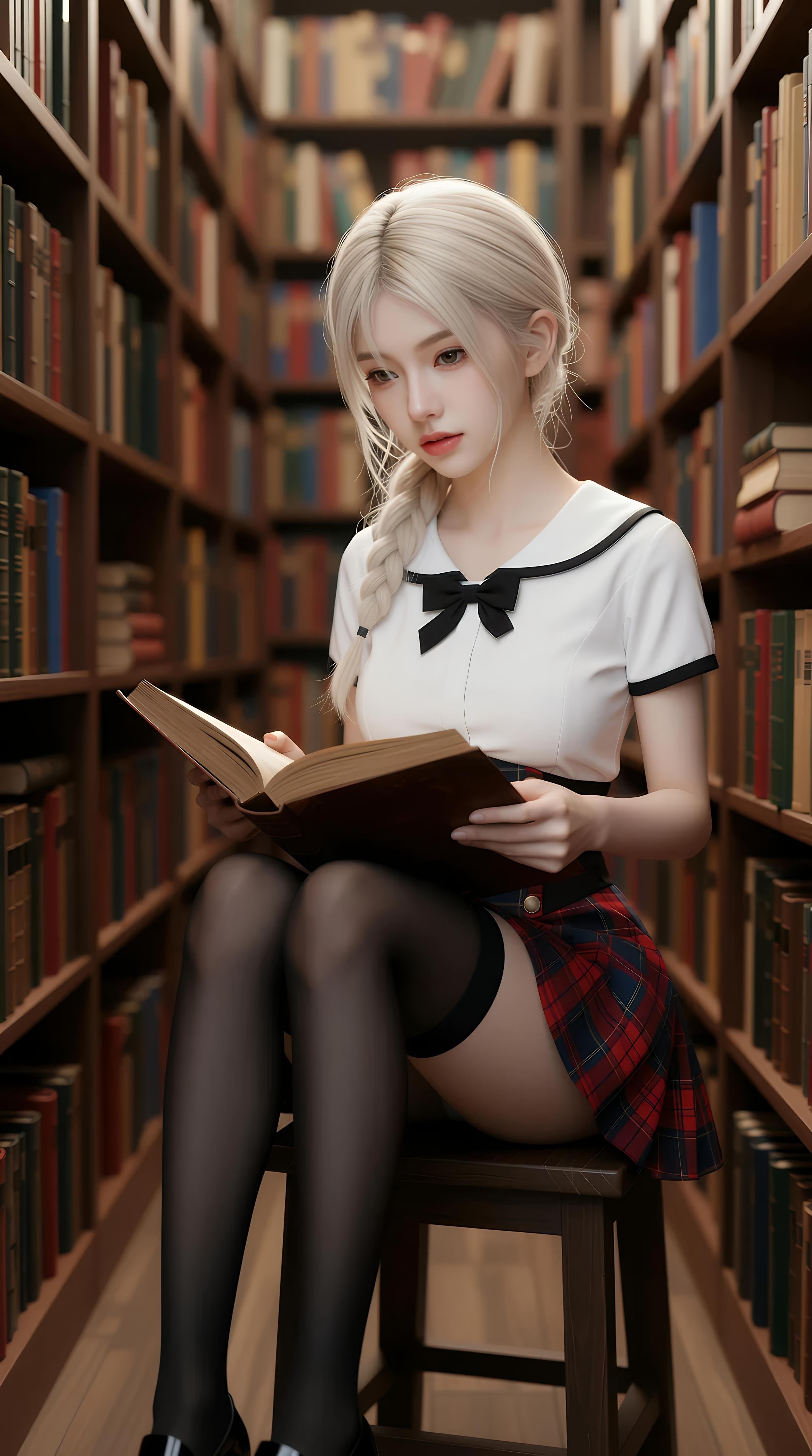 [AI美女] 熙蕾學姊ruby - 圖書館學姊：格裙黑絲校園寫真 86P