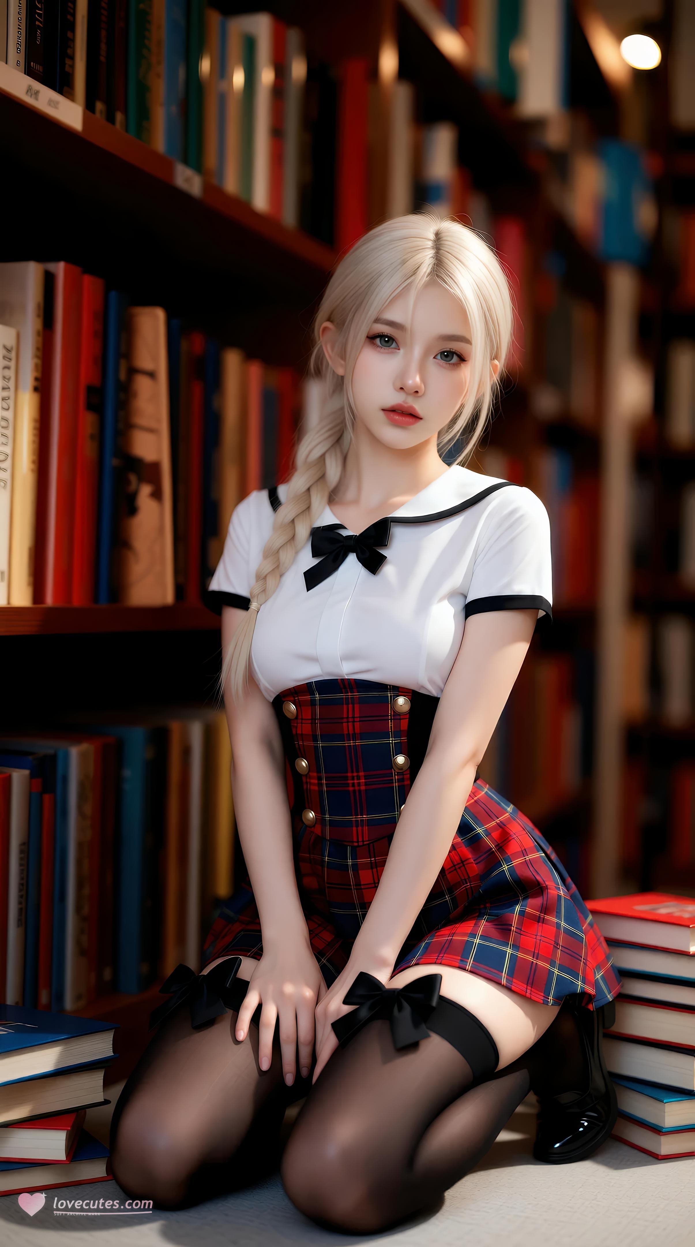 [AI美女] 熙蕾學姊ruby - 圖書館學姊：格裙黑絲校園寫真 86P