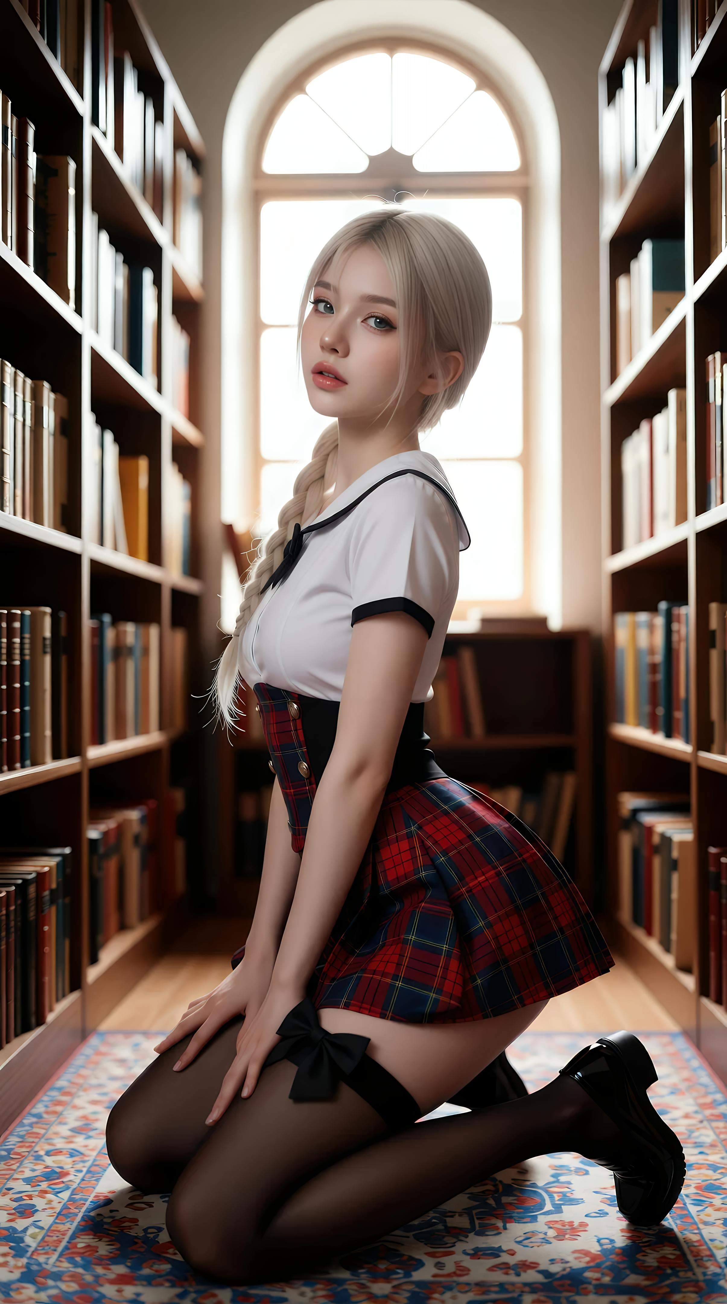[AI美女] 熙蕾学姐ruby - Nữ sinh đàn chị thư viện: chân váy kẻ caro, tất đen, ảnh chụp phong cách học đường 86P