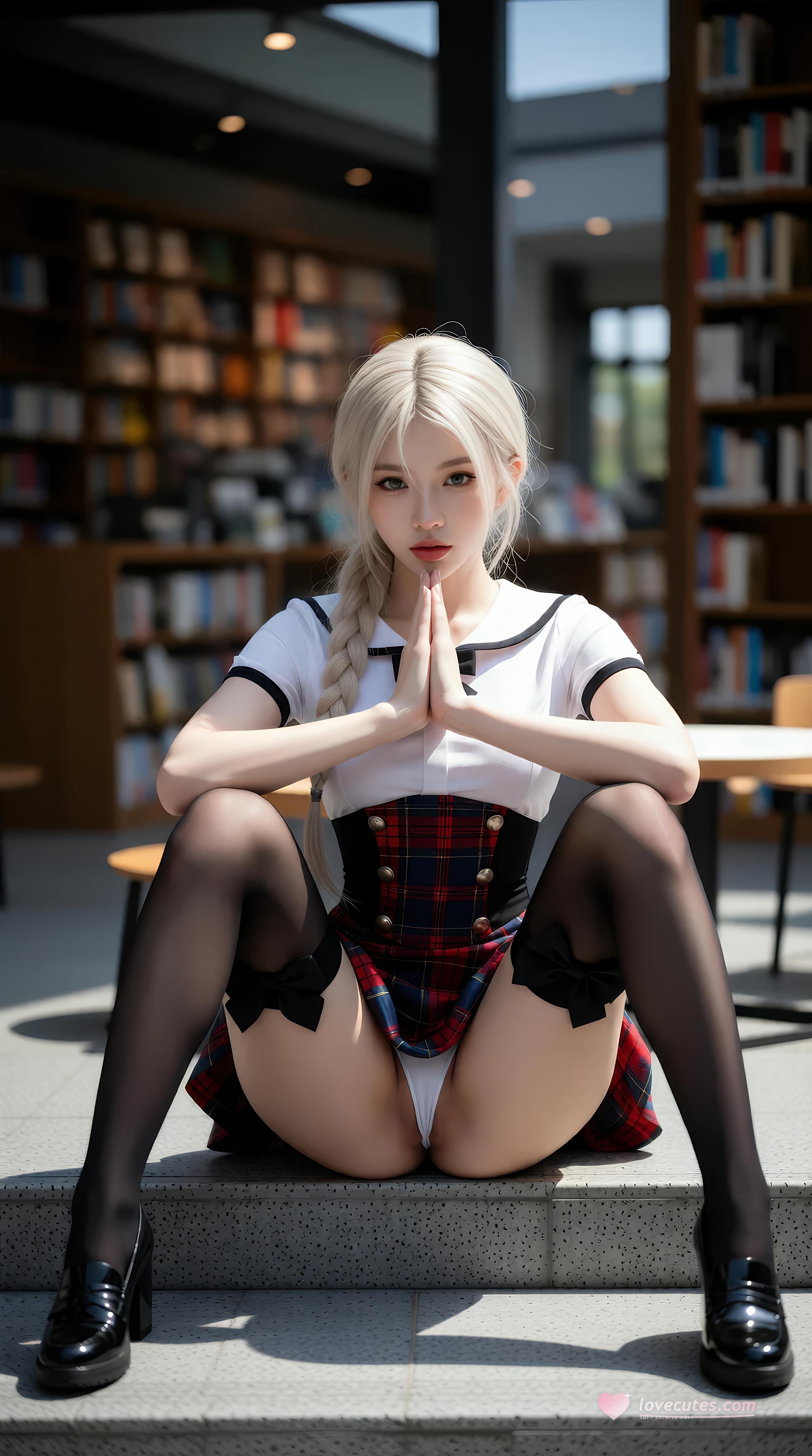 [AI美女] 熙蕾学姐ruby - Nữ sinh đàn chị thư viện: chân váy kẻ caro, tất đen, ảnh chụp phong cách học đường 86P