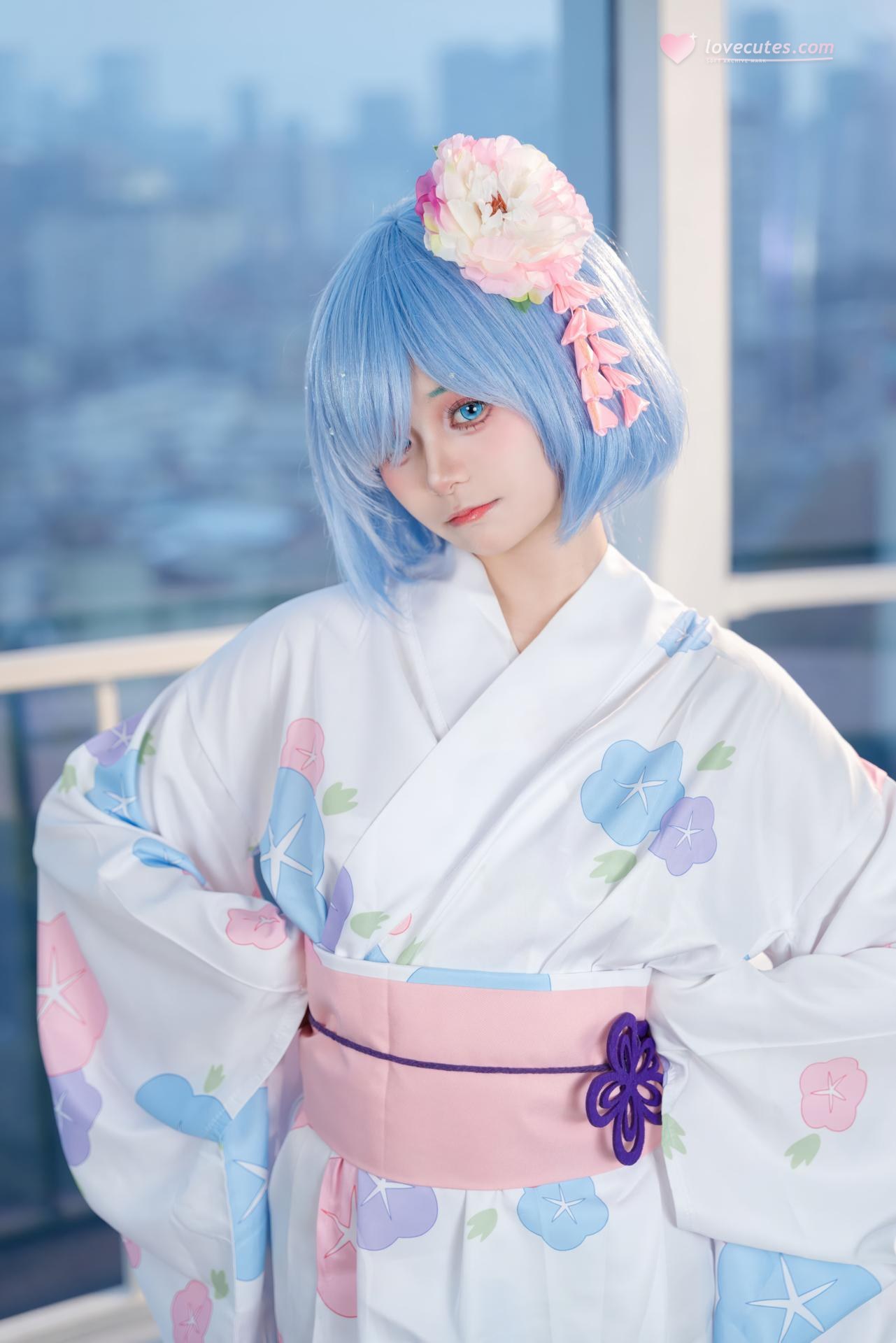 [cosplay] 小羊不吃草 - Re:从零开始的异世界生活 雷姆和服：ผมสีน้ำเงิน ชุดกิโมโนในห้องน้ำ โทนเซ็กซี่ 48P