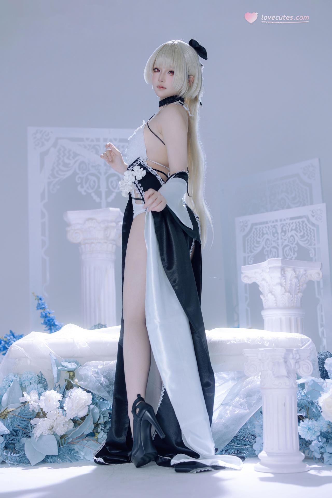 [cosplay] 屿鱼 - 碧蓝航线 可畏 同人礼服：黑白礼服白丝美腿冰蓝布景 63P