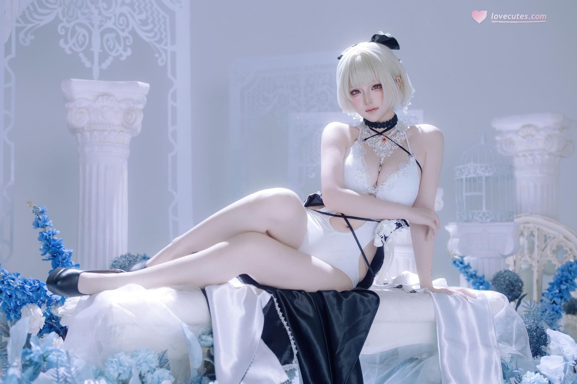 [cosplay] 屿鱼 - 벽람항로 포미더블 동인 드레스: 흑백 드레스, 흰 스타킹의 늘씬한 다리, 아이스블루 배경 63P