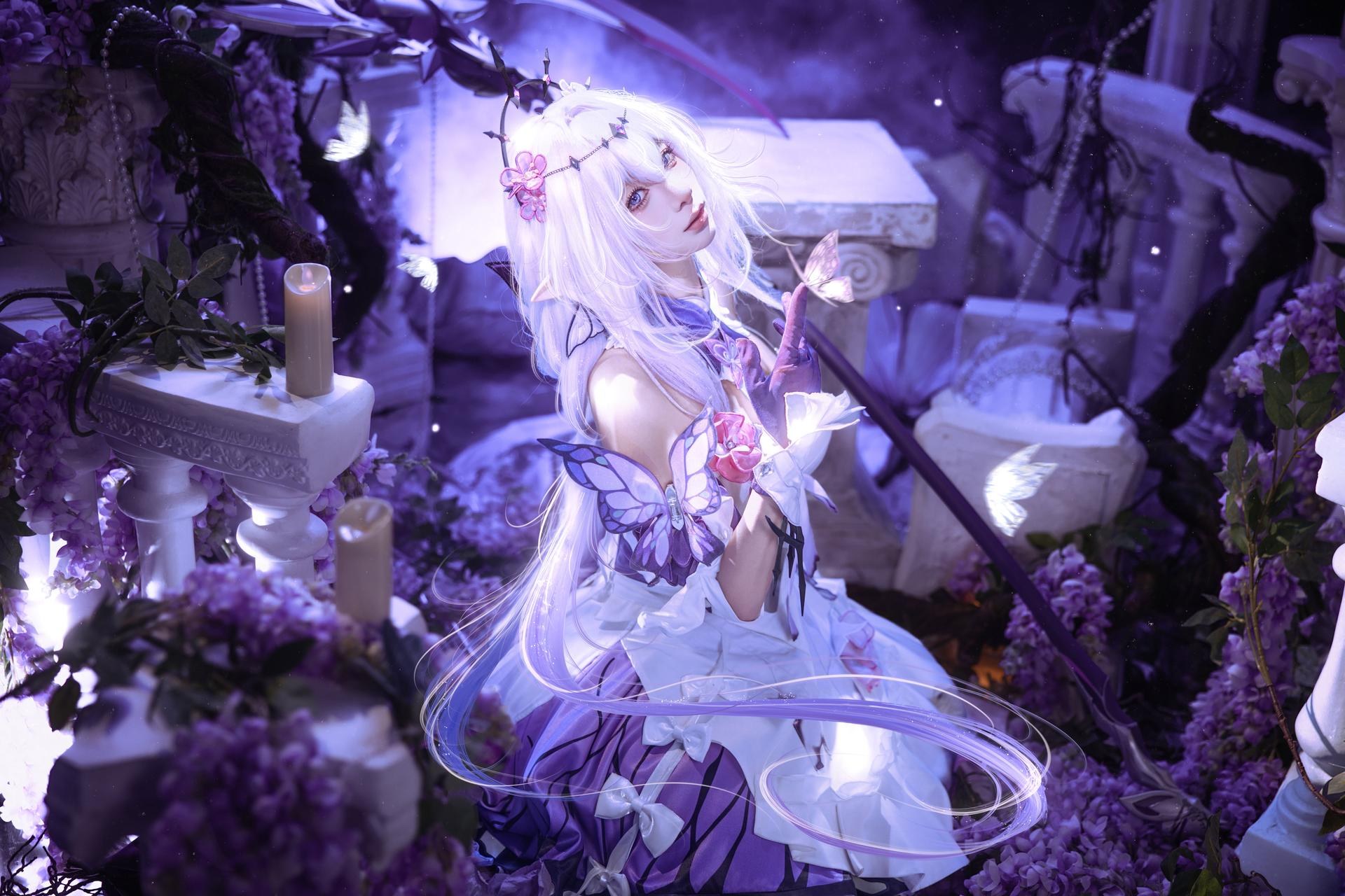 [cosplay] 蠢沫沫 - 崩坏星穹铁道 遐蝶：ชุดเดรสม่วงขาว ปีกผีเสื้อ ถ่ายทำตามต้นฉบับสมจริง 12P