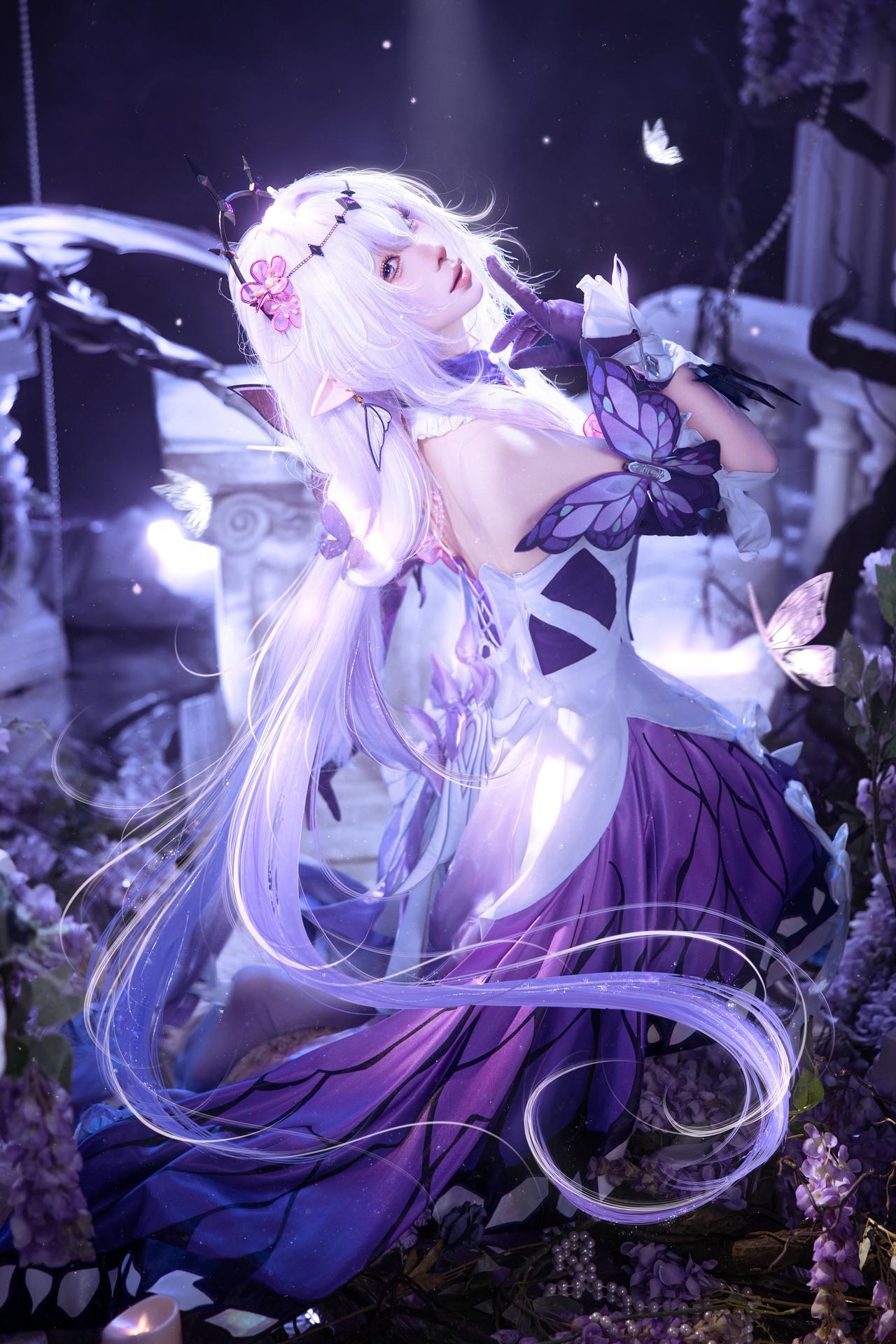 [cosplay] 蠢沫沫 - 崩坏星穹铁道 遐蝶：ชุดเดรสม่วงขาว ปีกผีเสื้อ ถ่ายทำตามต้นฉบับสมจริง 12P