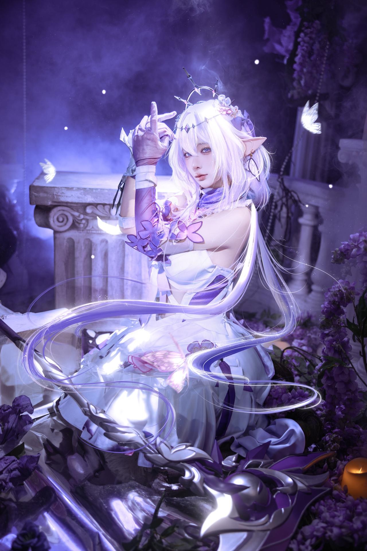 [cosplay] 蠢沫沫 - 崩坏星穹铁道 遐蝶：ชุดเดรสม่วงขาว ปีกผีเสื้อ ถ่ายทำตามต้นฉบับสมจริง 12P