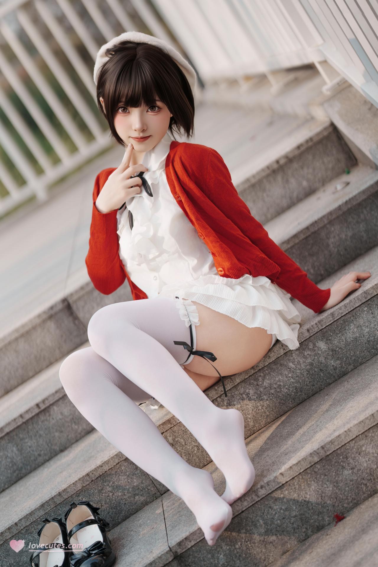 [写真] Bangni邦尼 - ท่องเที่ยวฤดูใบไม้ผลิ: คาร์ดิแกนสีแดง กระโปรงสีขาว ถุงน่องสีขาว ถ่ายภาพกลางแจ้ง 82P8V