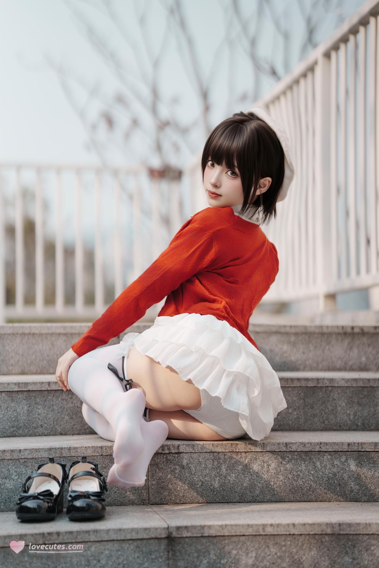 [Photo] Bangni 邦尼 - Spring Outing: Red Cardigan, White Dress, White Stockings Outdoor Photos 82P8V