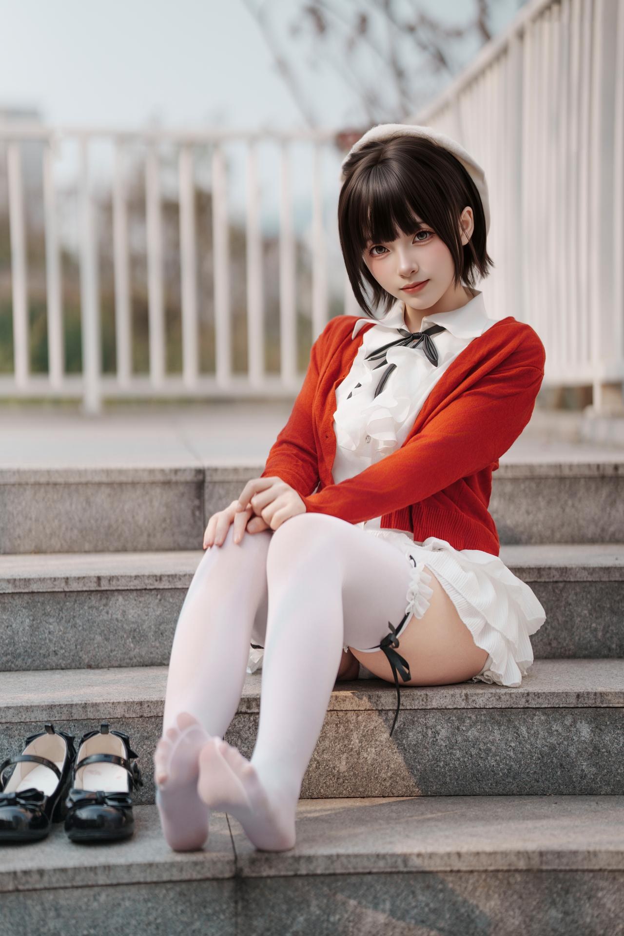 [Photo] Bangni 邦尼 - Spring Outing: Red Cardigan, White Dress, White Stockings Outdoor Photos 82P8V