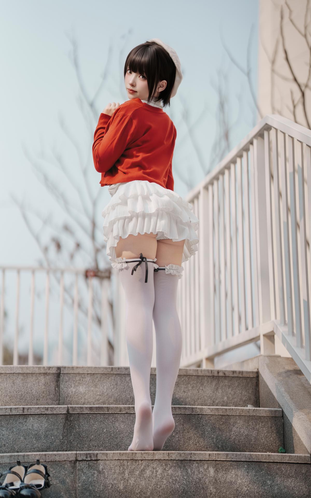 [Photo] Bangni 邦尼 - Spring Outing: Red Cardigan, White Dress, White Stockings Outdoor Photos 82P8V