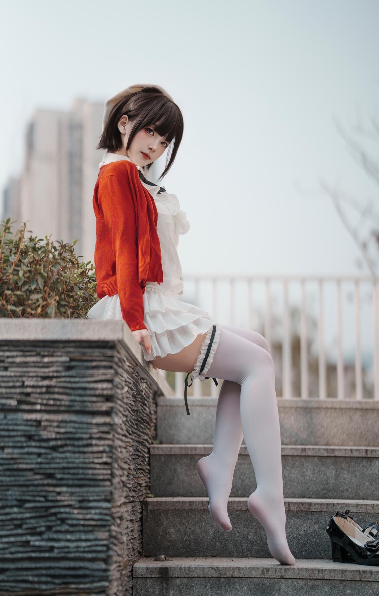 [Photo] Bangni 邦尼 - Spring Outing: Red Cardigan, White Dress, White Stockings Outdoor Photos 82P8V