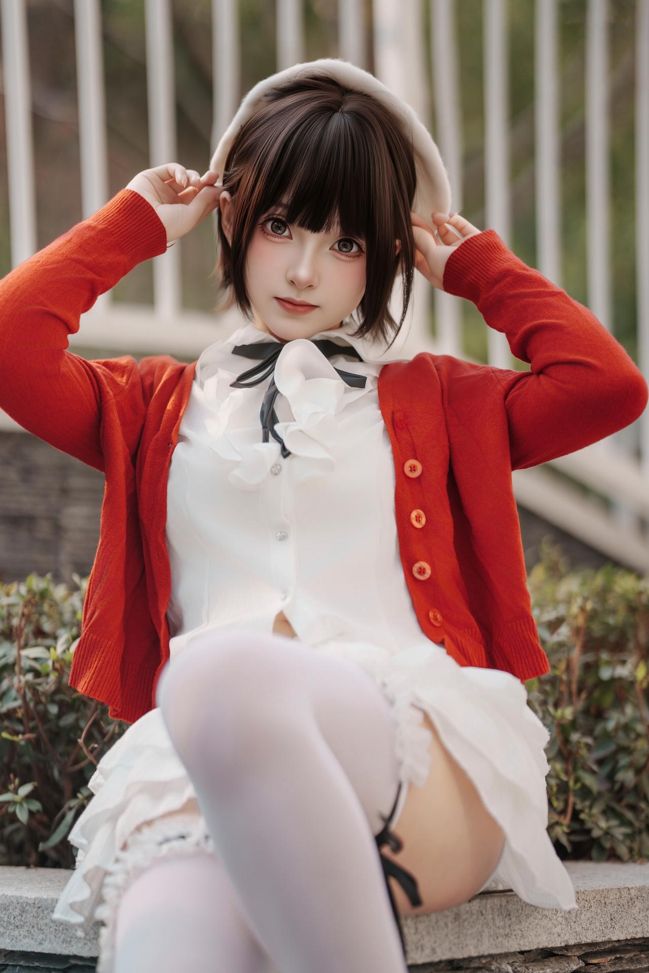 [Photo] Bangni 邦尼 - Spring Outing: Red Cardigan, White Dress, White Stockings Outdoor Photos 82P8V