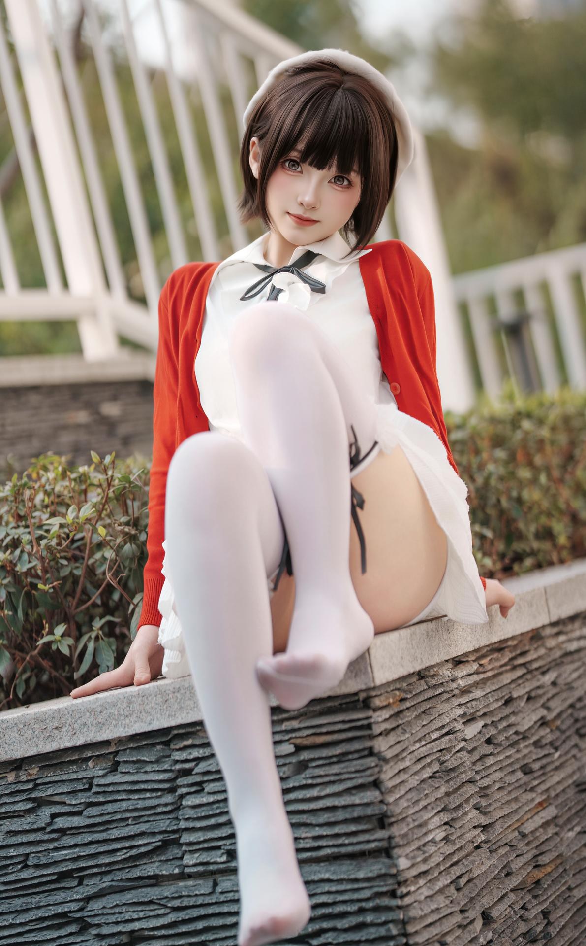 [Photo] Bangni 邦尼 - Spring Outing: Red Cardigan, White Dress, White Stockings Outdoor Photos 82P8V