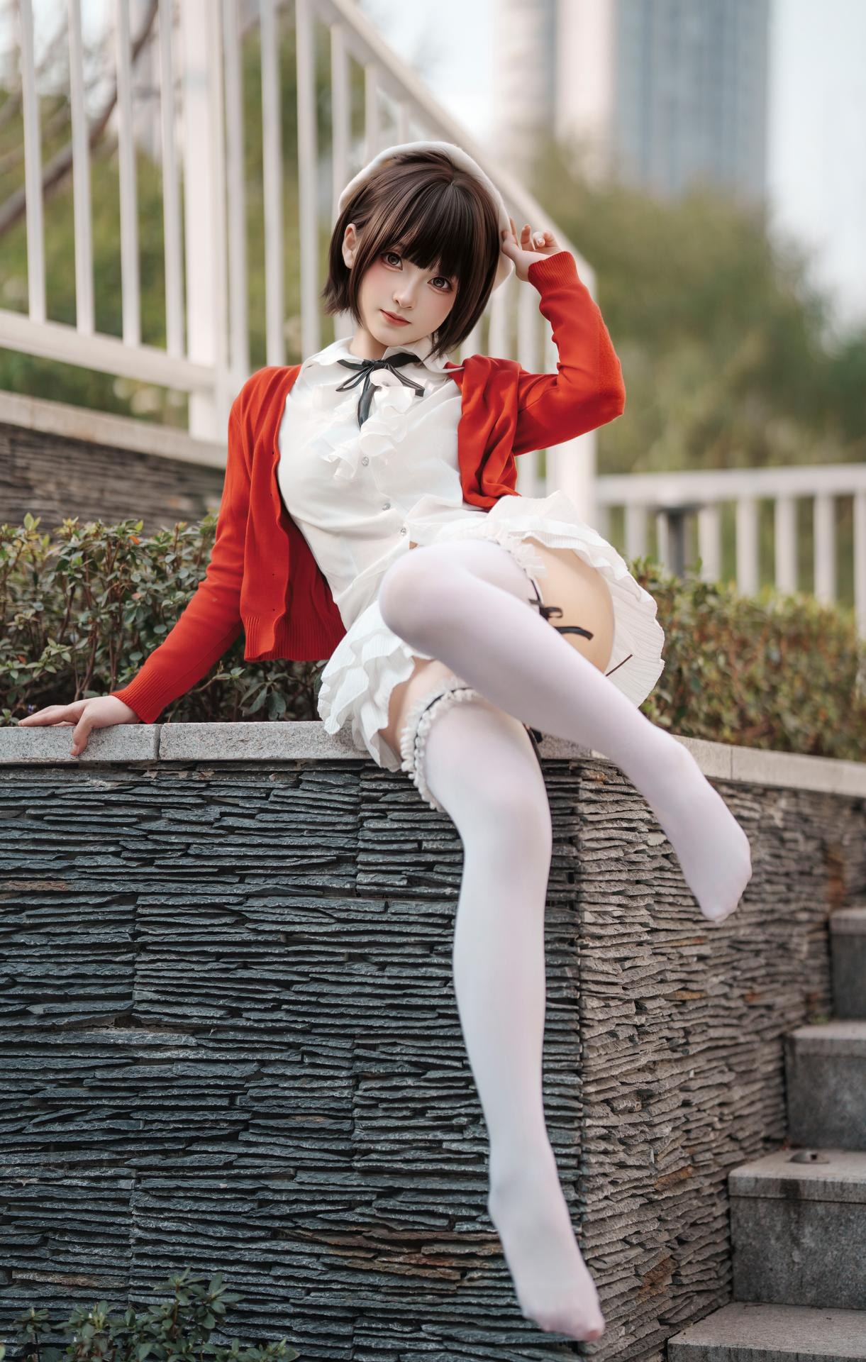 [Photo] Bangni 邦尼 - Spring Outing: Red Cardigan, White Dress, White Stockings Outdoor Photos 82P8V