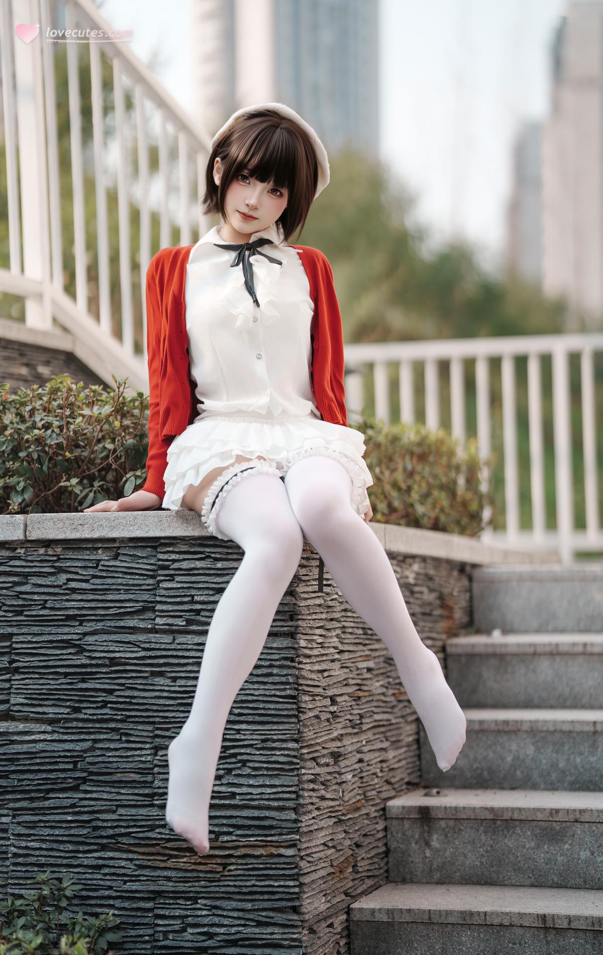 [Photo] Bangni 邦尼 - Spring Outing: Red Cardigan, White Dress, White Stockings Outdoor Photos 82P8V
